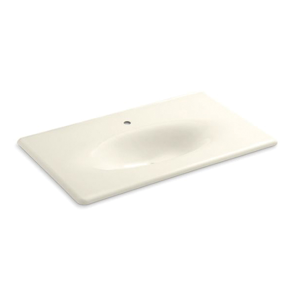 Kohler® 3051-1-96 Iron/Impressions® 1-Piece Bathroom Sink, Elongated Oval Shape, 37-5/8 in W x 22-1/4 in D x 6-1/2 in H, Vanity Top Mount, Enameled Cast Iron, Biscuit