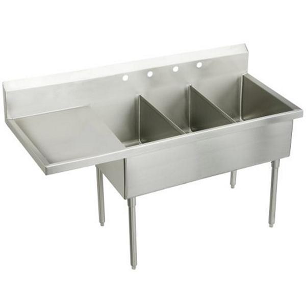 Just Manufacturing NSFB345-24L-2-2-J Coved Corner Scullery Sink, 44 in H x 27-1/2 in W x 70-1/2 in L, Floor Mounting, 304 Stainless Steel, 3 Bowls, 1, Left Drainboards, 8 in Faucet Hole Spacing, 8 in Backsplash