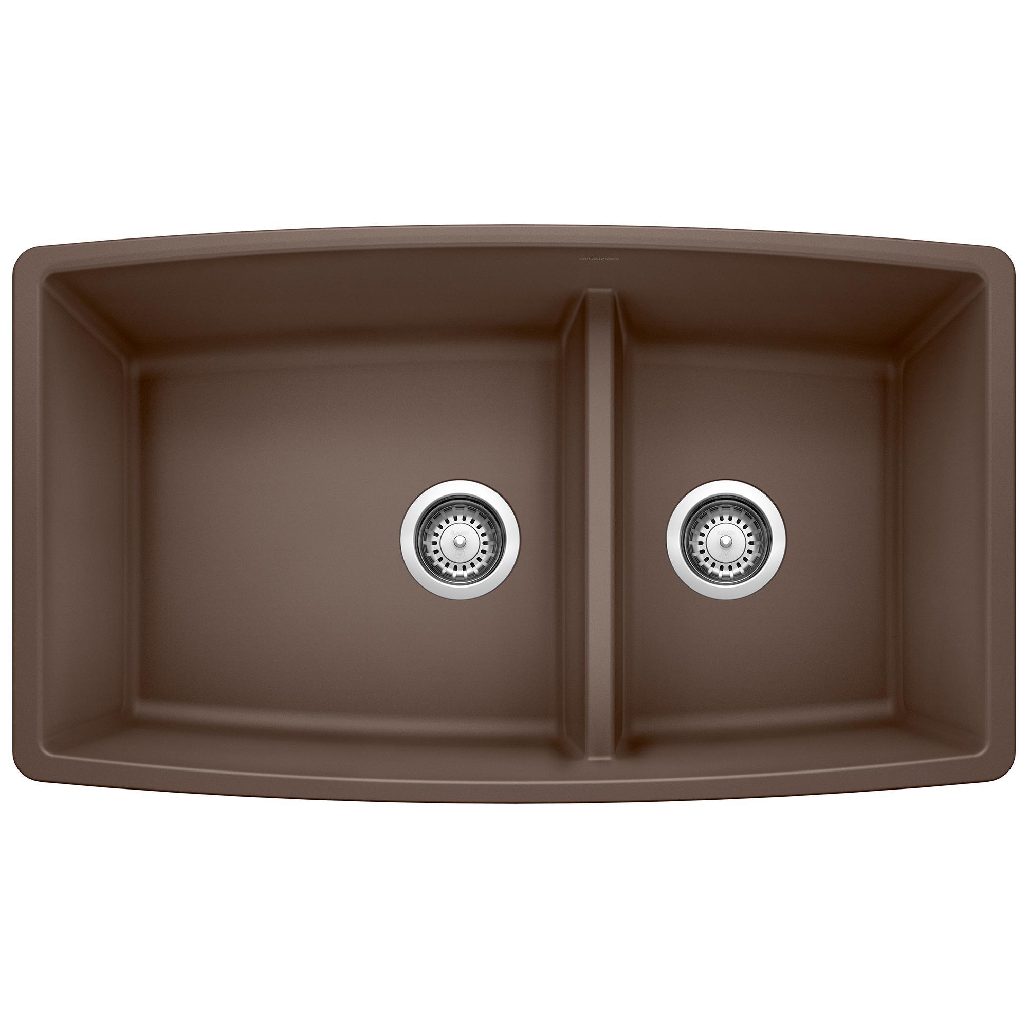 Blanco 441313 PERFORMA™ SILGRANIT® II Kitchen Sink, Cafe Brown, Rectangle Shape, 18 in Left, 12 in Right L x 17-1/2 in Left, 17-1/2 in Right W x 10 in Left, 10 in Right D Bowl, 33 in L x 19 in W, Solid Granite