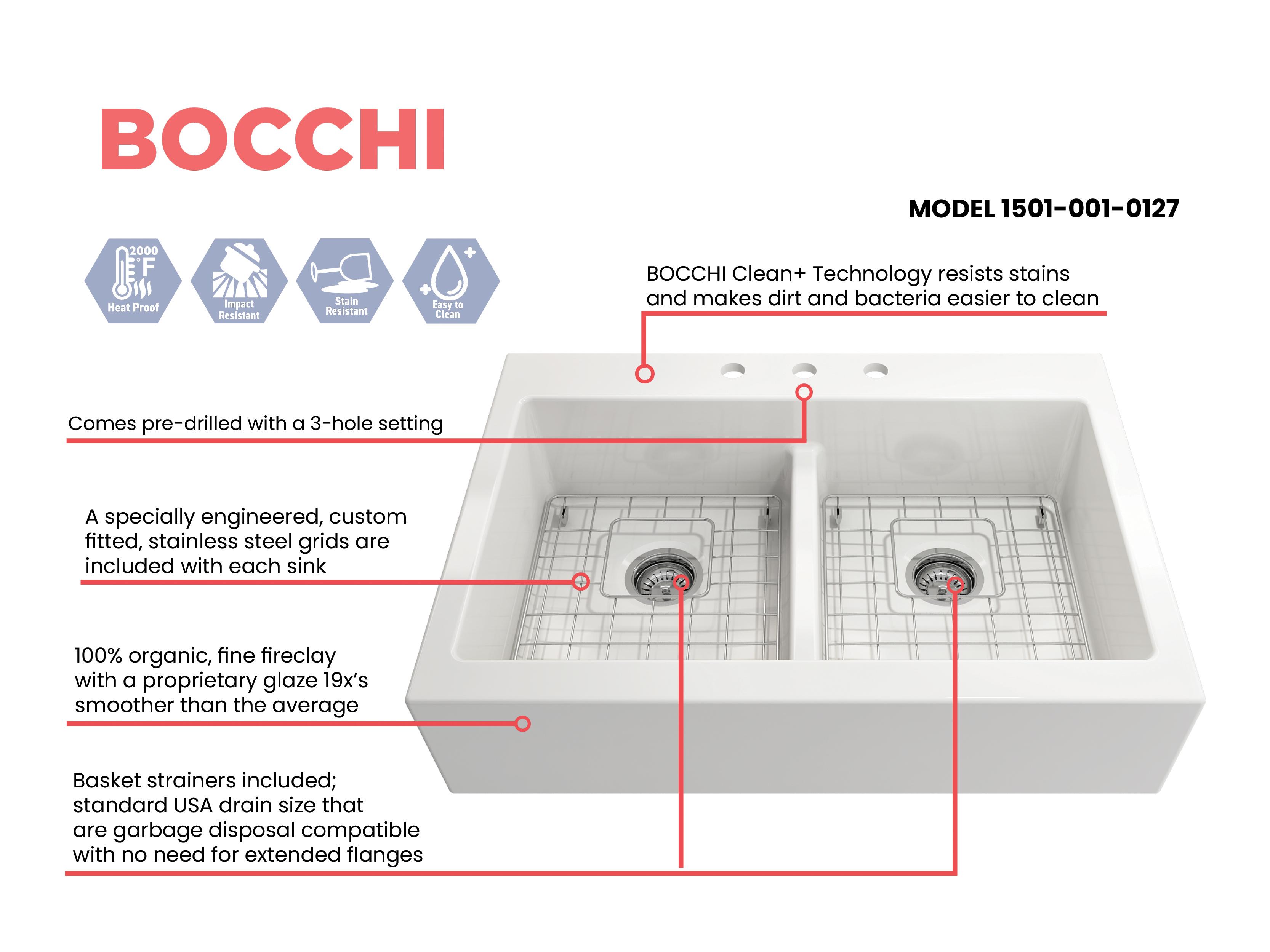 BOCCHI 1501-001-0127 Nuova Traditional Kitchen Sink, Rectangular Shape, 10 in H x 24 in W x 34 in L, Fireclay, White, Import