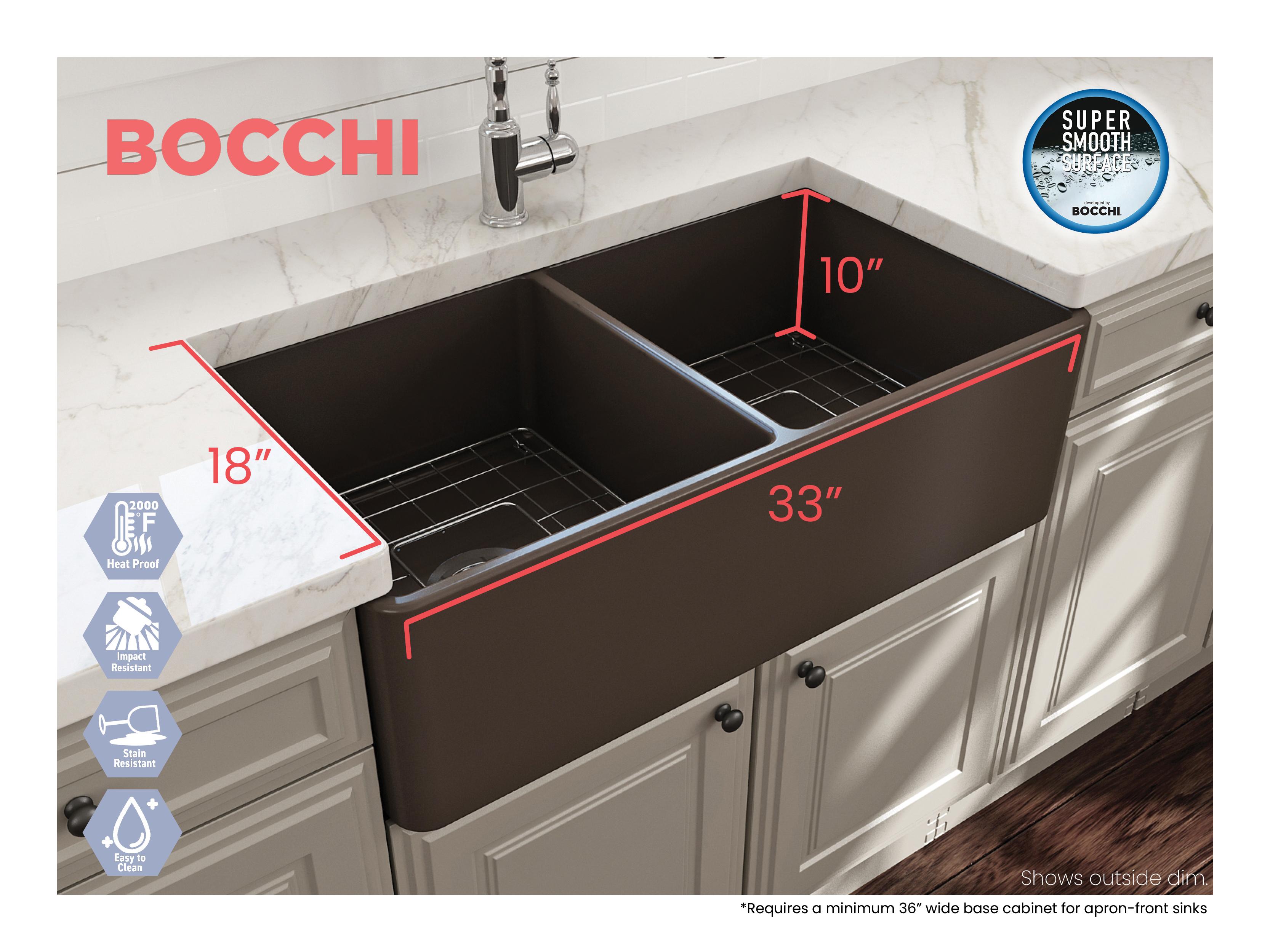 BOCCHI 1139-025-0120 Classico Traditional Kitchen Sink, Rectangle Shape, 10 in H x 18 in W x 33 in L, Fireclay, Matte Brown, Import