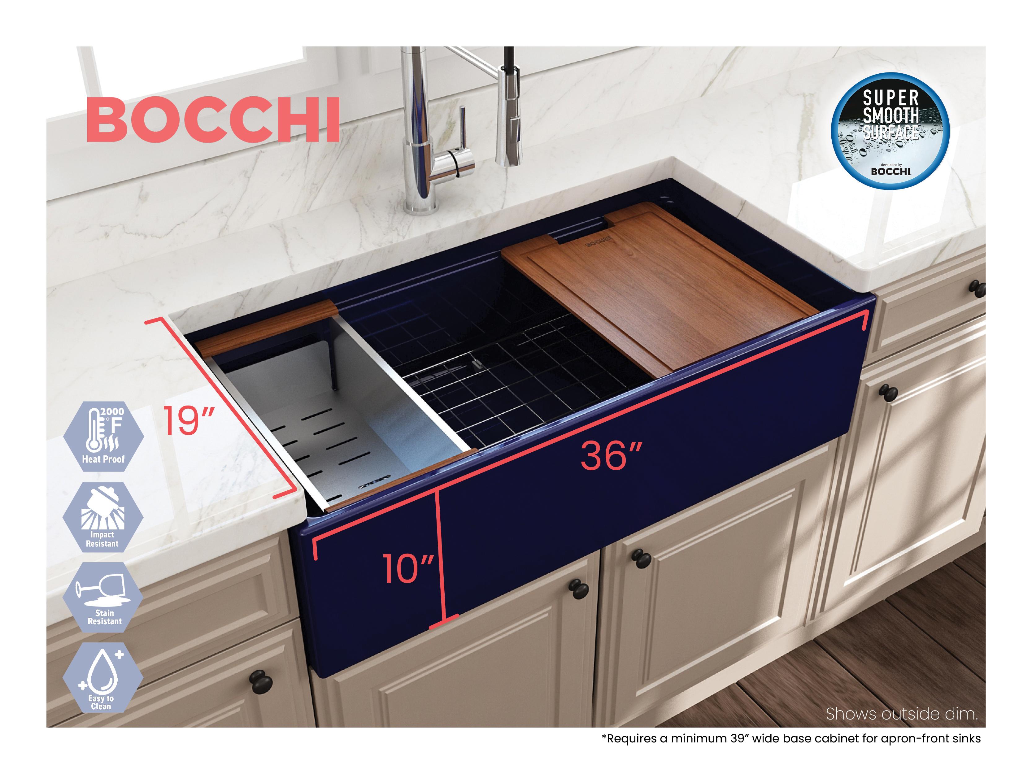 BOCCHI 1505-010-0120 Contempo Step Rim Contemporary Kitchen Sink, Rectangular Shape, 10 in H x 19 in W x 36 in L, Fireclay, Blue, Import