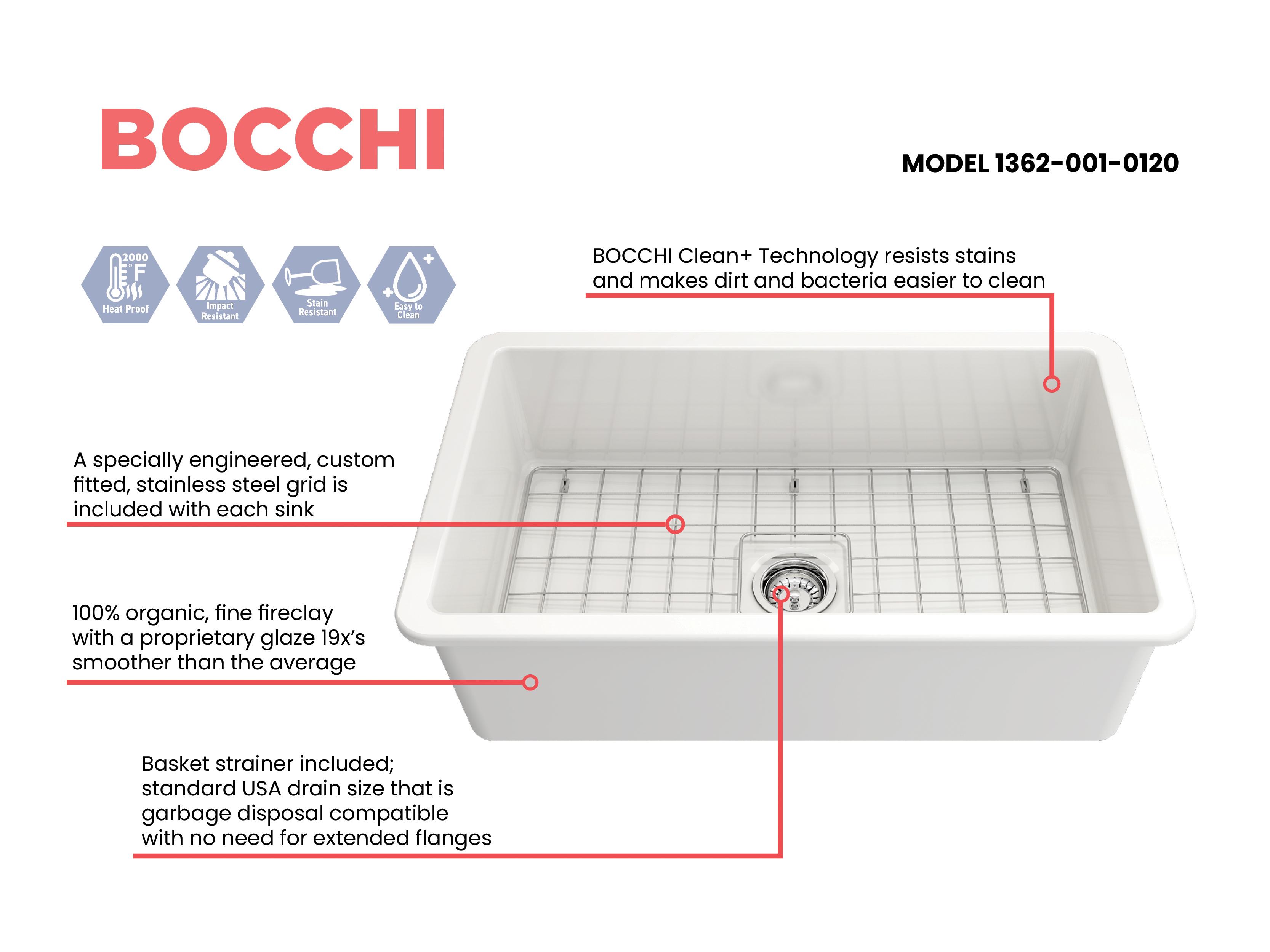 BOCCHI 1362-001-0120 Sotto Modern Kitchen Sink, Rectangle Shape, 10 in H x 19 in W x 32 in L, Fireclay, White, Import