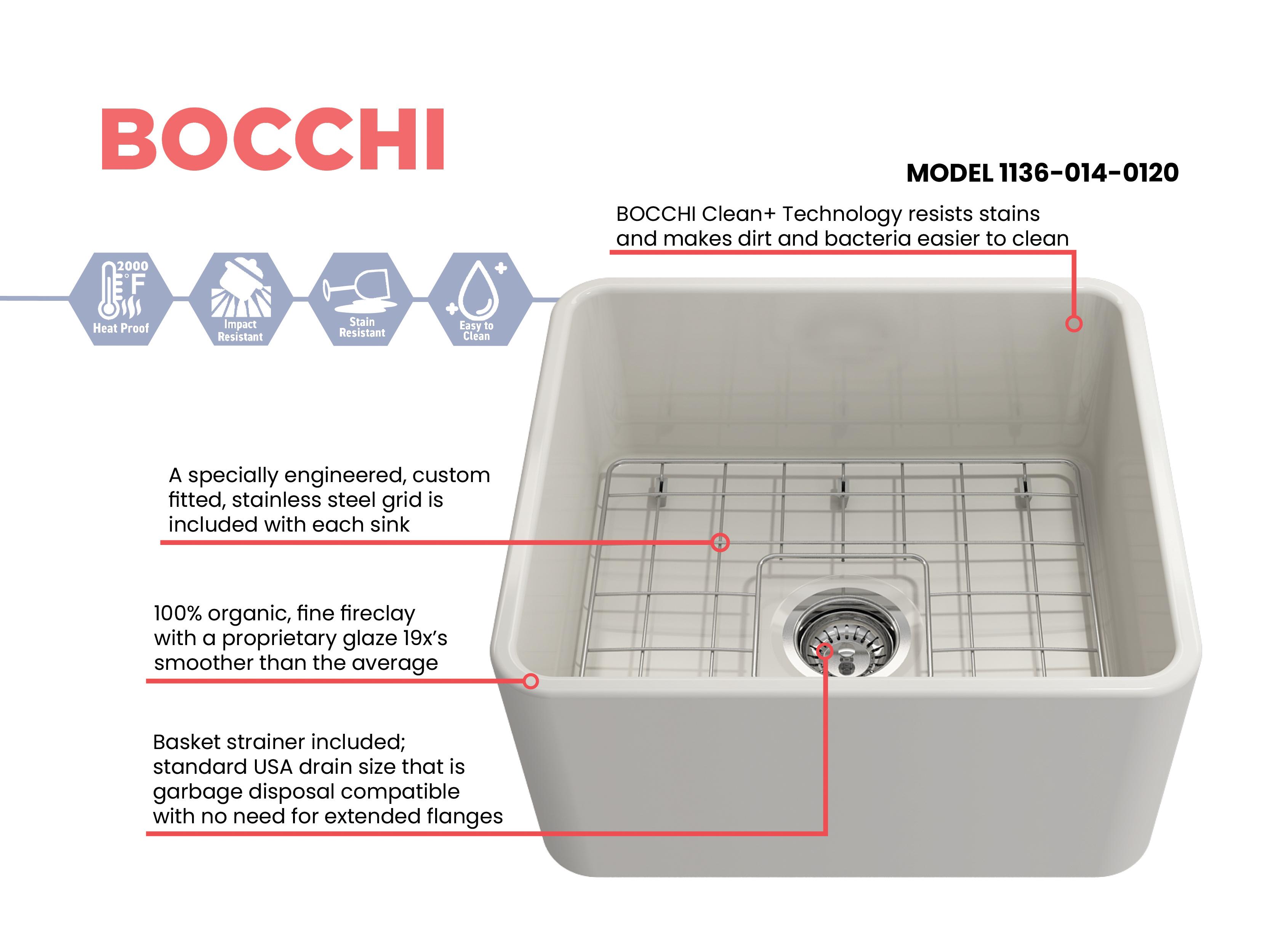 BOCCHI 1136-014-0120 Classico Traditional Kitchen Sink, Rectangle Shape, 10 in H x 18 in W x 20 in L, Fireclay, Biscuit, Import