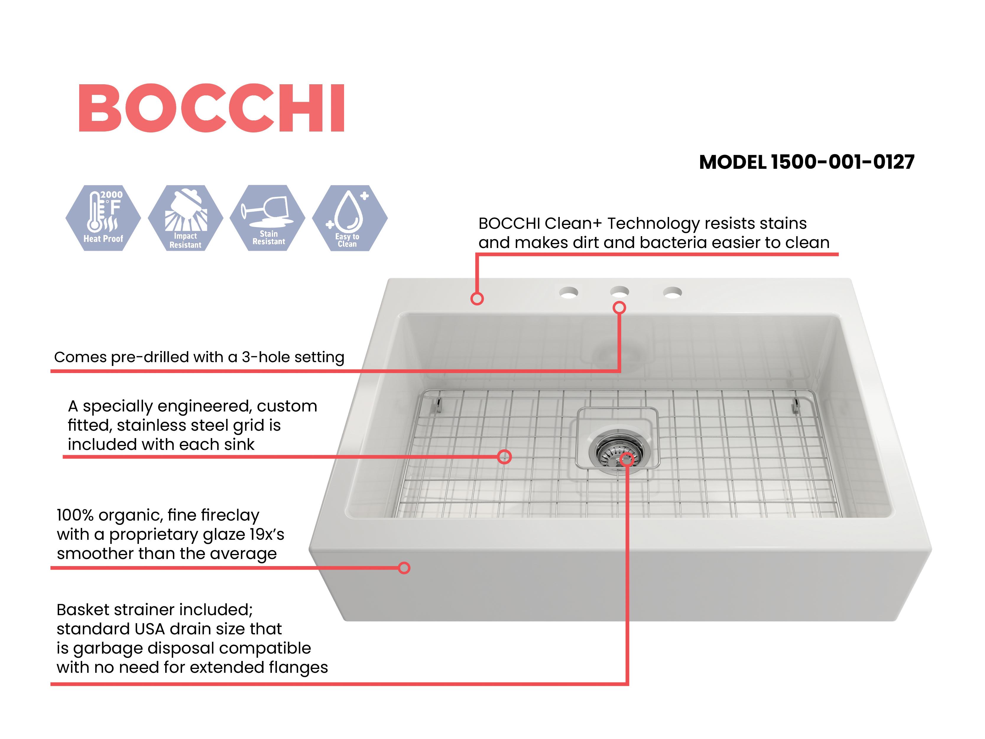 BOCCHI 1500-001-0127 Nuova Traditional Kitchen Sink, Rectangular Shape, 10 in H x 24 in W x 34 in L, Fireclay, White, Import