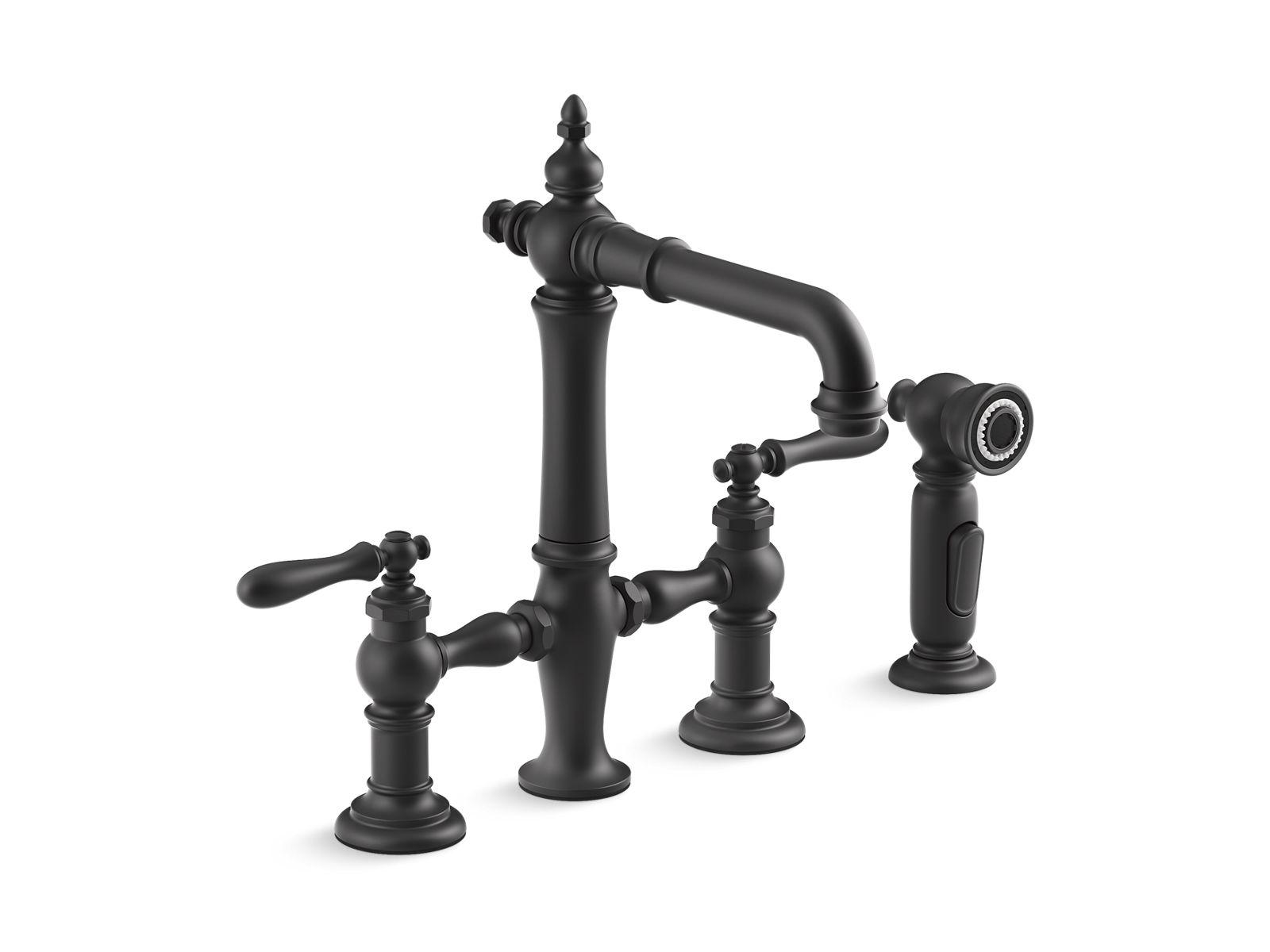 Kohler® 76520-4-BL 76520-4 Artifacts® Two-Hole Kitchen Sink, 1.5 gpm Flow Rate, 8 in Center, Fixed Spout, Matte Black, 2 Handles