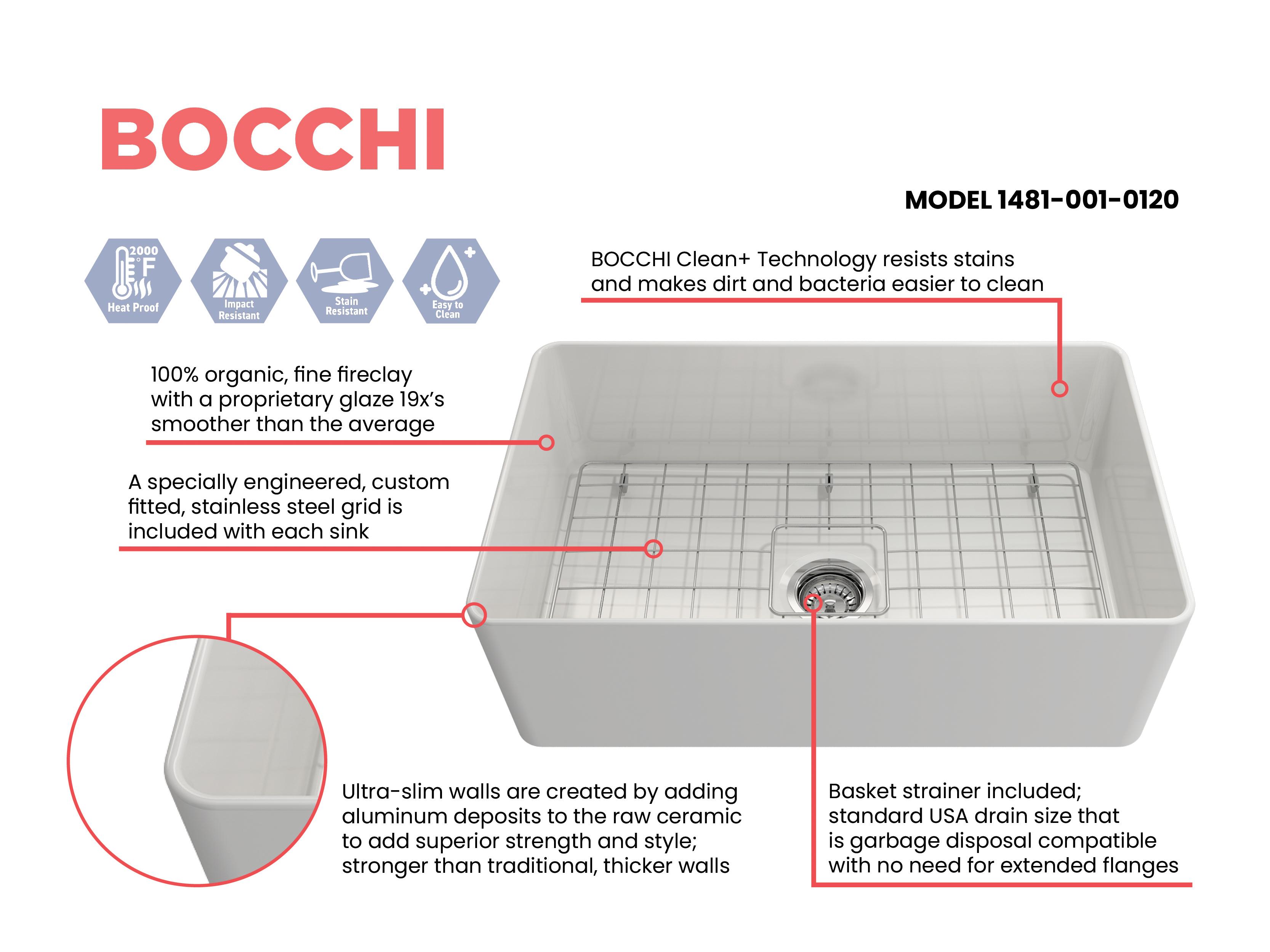 BOCCHI 1481-001-0120 Aderci Modern/Contemporary Kitchen Sink, Rectangle Shape, 10 in H x 18 in W x 30 in L, Fireclay, White, Import