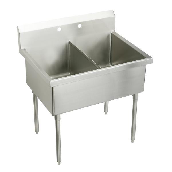 Just Manufacturing NSFB242-2-J Coved Corner Scullery Sink, 44 in H x 27-1/2 in W x 45 in L, Floor Mounting, 304 Stainless Steel, 2 Bowls, 8 in Faucet Hole Spacing, 8 in Backsplash
