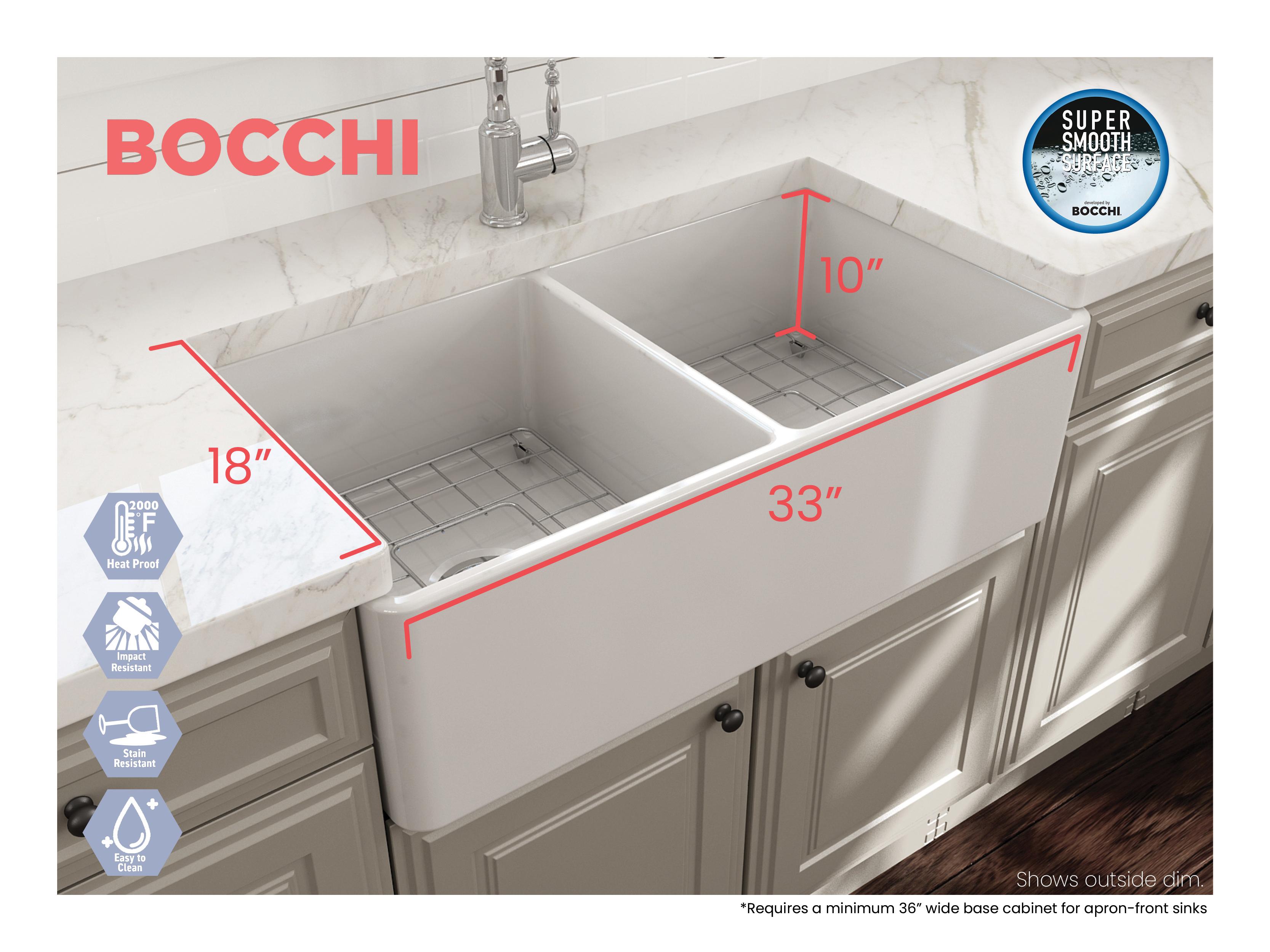 BOCCHI 1139-002-0120 Classico Traditional Kitchen Sink, Rectangle Shape, 10 in H x 18 in W x 33 in L, Fireclay, Matte White, Import