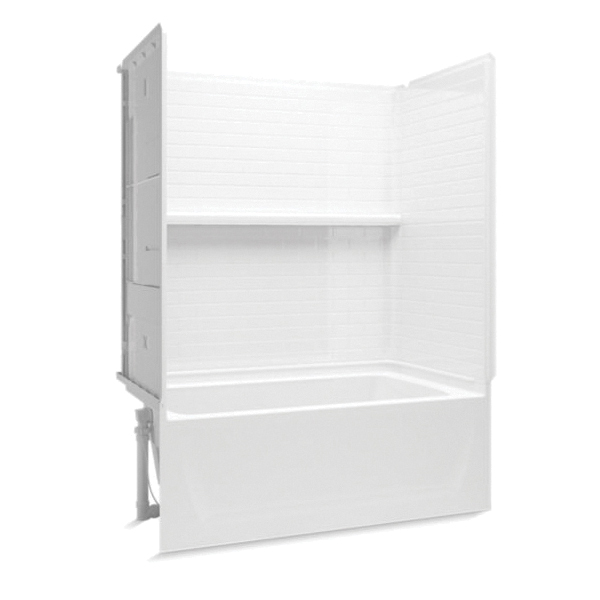 Sterling® 71520118-0 Traverse™ Above Floor Drain Bath/Shower With Aging in Place Backerboard, 60 in L x 32 in W x 78-1/4 in H, Solid Vikrell®, High-Gloss White