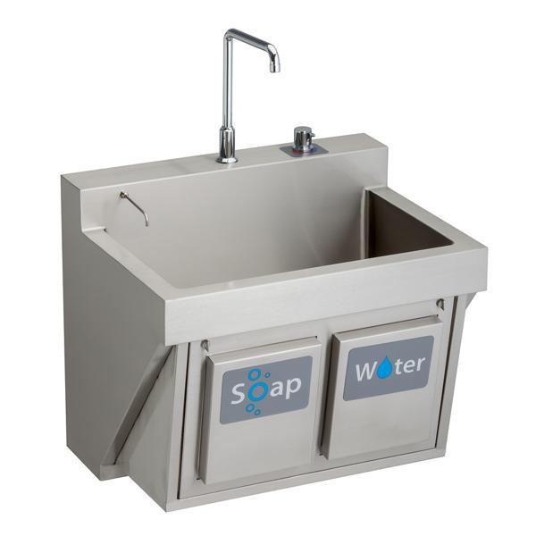 Just Manufacturing JKS7701-NP-J Spout/Drain/TMV Surgeon Scrub Sink Kit, Rectangular Shape, 26 in H x 23 in W x 30 in L, Wall Mounting, 304 Stainless Steel, Buffed Satin, Import