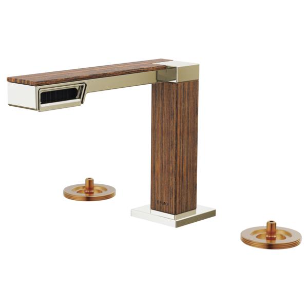 Brizo® 65322LF-PNTKLHP Frank Lloyd Wright® Widespread Lavatory Faucet, 1.2 gpm Flow Rate, 4-3/16 in H Spout, 6 to 16 in Center, Polished Nickel/Teak Wood, 2 Handles, Import