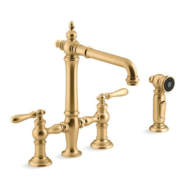 Kohler® 76519-4-2MB K-76519-4 Artifacts® Bridge Kitchen Sink Faucet, 1.5 gpm Flow Rate, 8 in Center, 360 deg Tall Swing Full Swivel Spout, Vibrant® Brushed Moderne Brass, 2 Handles