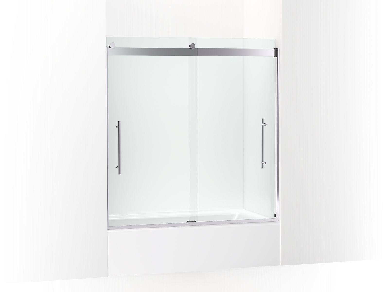 Kohler® 702425-L-SHP 702425-L Levity® Plus Sliding Bath Door, Frameless Frame, Crystal Clear Tempered Glass, Bright Polished Silver, 3/8 in THK Glass, 55-9/16 in H Opening, 56-5/8 to 59-5/8 in W Opening