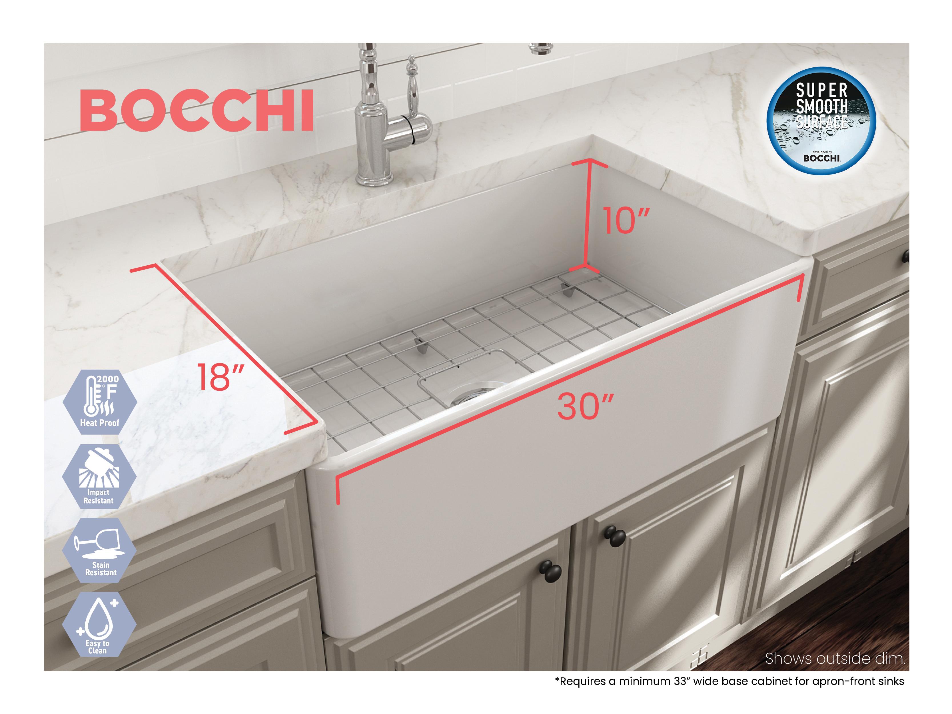 BOCCHI 1138-002-0120 Classico Traditional Kitchen Sink, Rectangle Shape, 10 in H x 18 in W x 30 in L, Fireclay, Matte White, Import