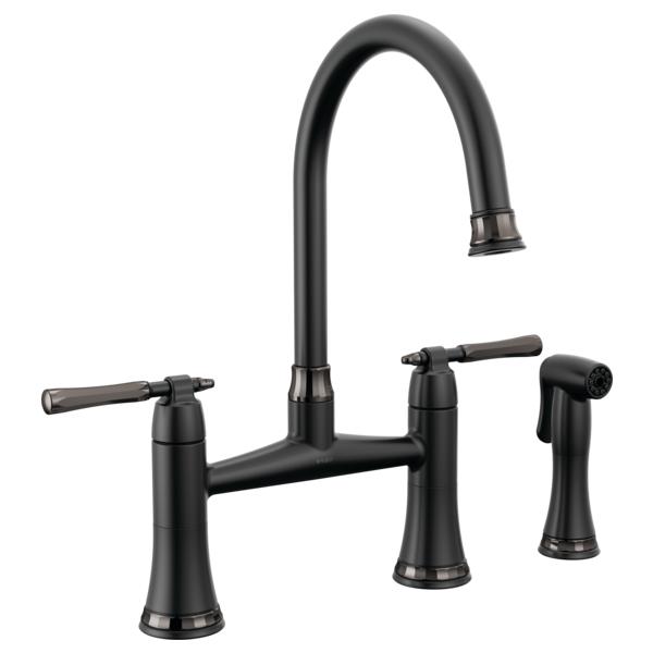 Brizo® 62558LF-BLBNX The Tulham™ Kitchen Collection by Brizo® Bridge Kitchen Faucet, 1.8 gpm Flow Rate, 8 in Center, 360 deg Swivel Spout, Matte Black/Brilliance Black Onyx, 2 Handles, Import