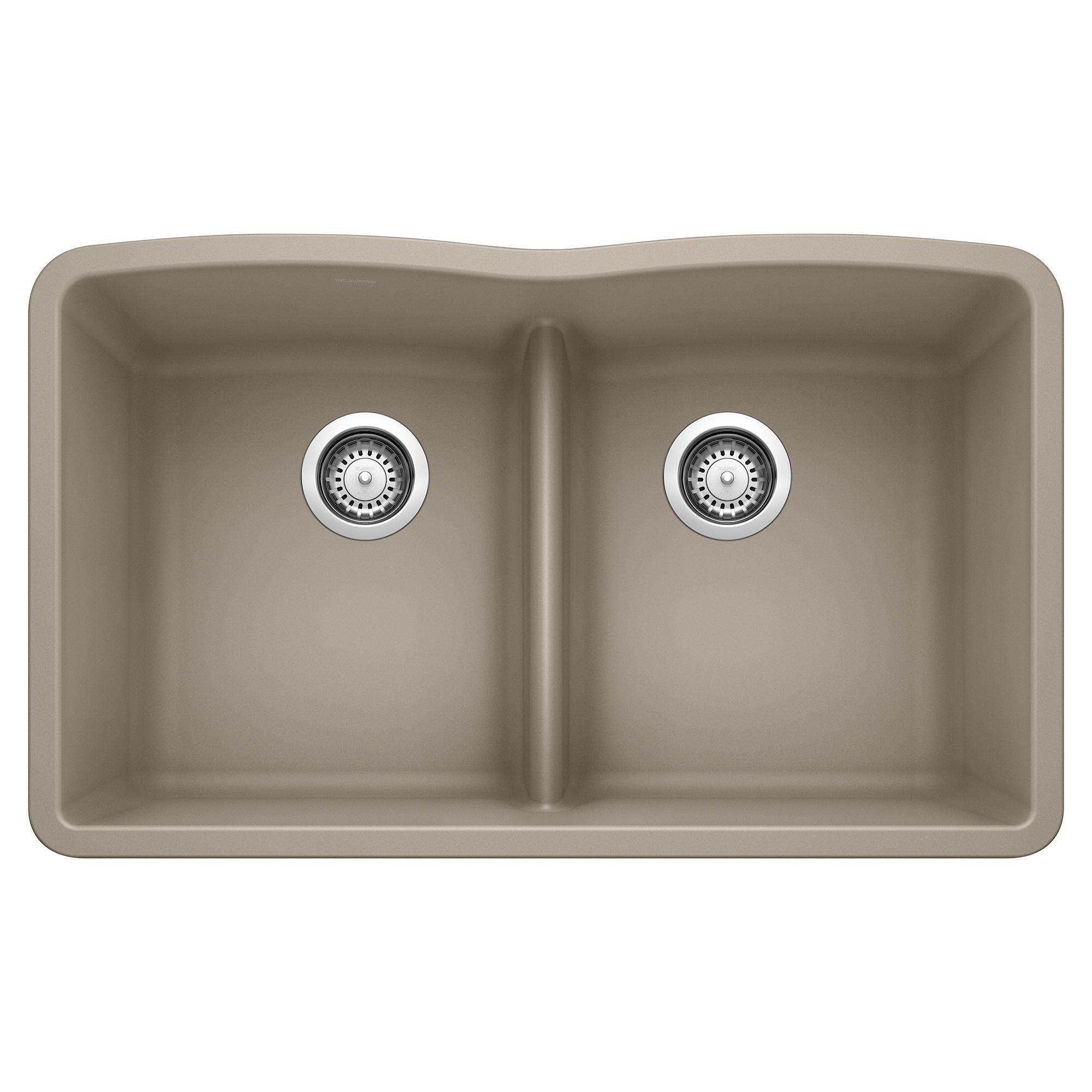 Blanco 442072 DIAMOND™ SILGRANIT® Equal Double Low Divide Bowl Composite Sink, Truffle, Rectangle Shape, 14-1/2 in Left, 14-1/2 in Right L x 17 in Left, 17 in Right W x 9-1/2 in Left, 9-1/2 in Right D Bowl, 32 in L x 19-1/4 in W, Granite