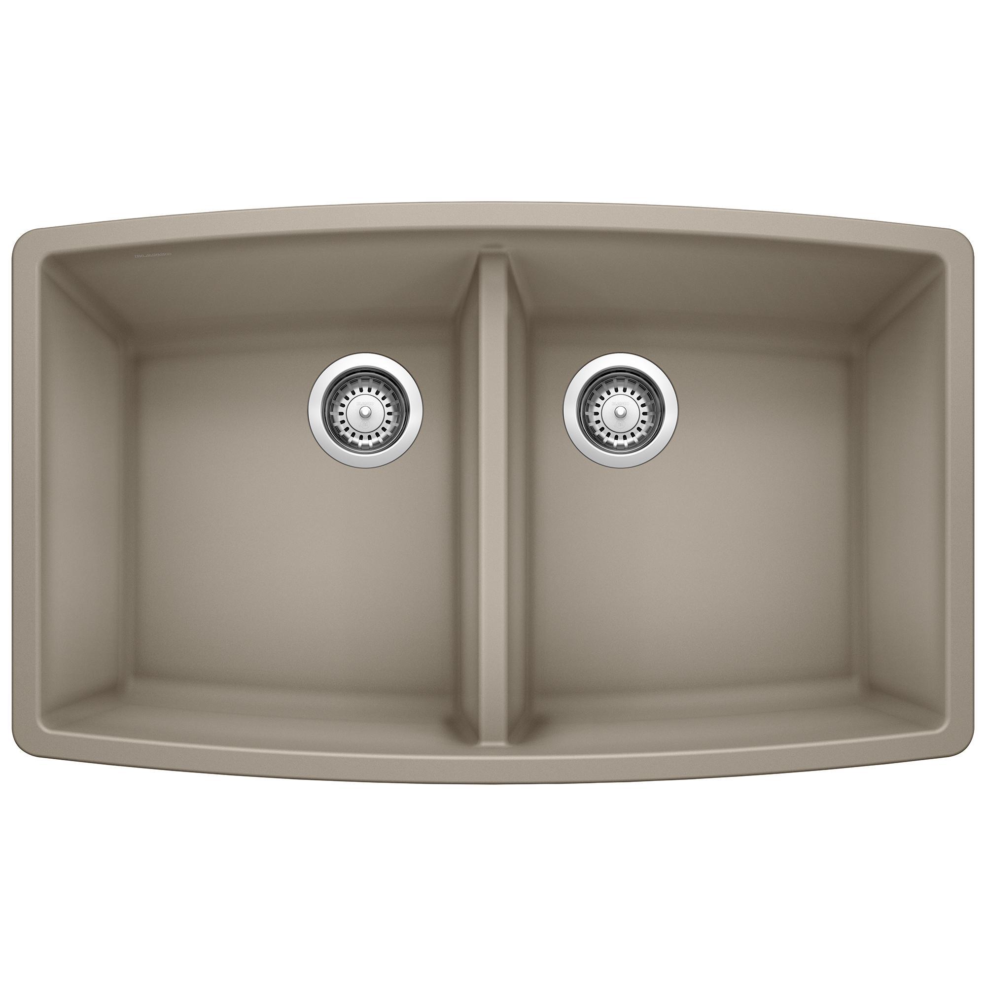 Blanco 441290 PERFORMA™ SILGRANIT® II Equal Double Bowl Composite Sink, Truffle, Rectangle Shape, 15 in Left, 15 in Right L x 18 in Left, 18 in Right W x 10 in Left, 10 in Right D Bowl, 33 in L x 20 in W, Granite