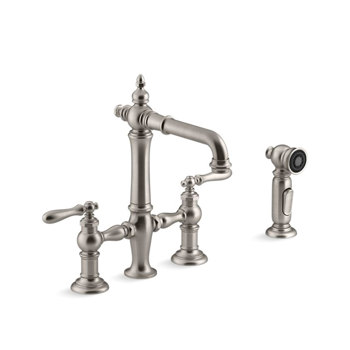 Kohler® 76520-4-VS Artifacts® Bridge Sink Faucet, 1.5 gpm Flow Rate, 8 in Center, Swivel Spout, Vibrant® Stainless Steel, 2 Handles