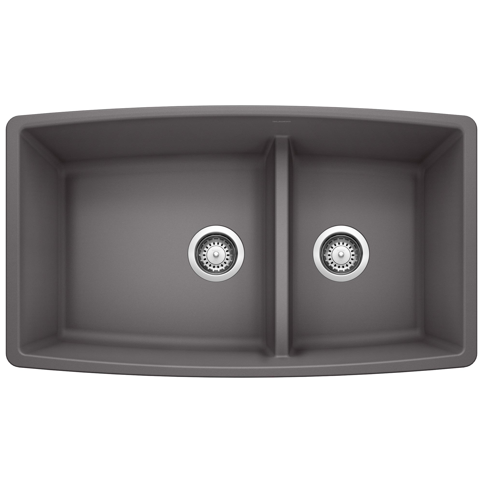 Blanco 441474 PERFORMA™ SILGRANIT® II Kitchen Sink, Cinder, Rectangle Shape, 18 in Left, 12 in Right L x 17-1/2 in Left, 17-1/2 in Right W x 10 in Left, 10 in Right D Bowl, 33 in L x 19 in W, Solid Granite