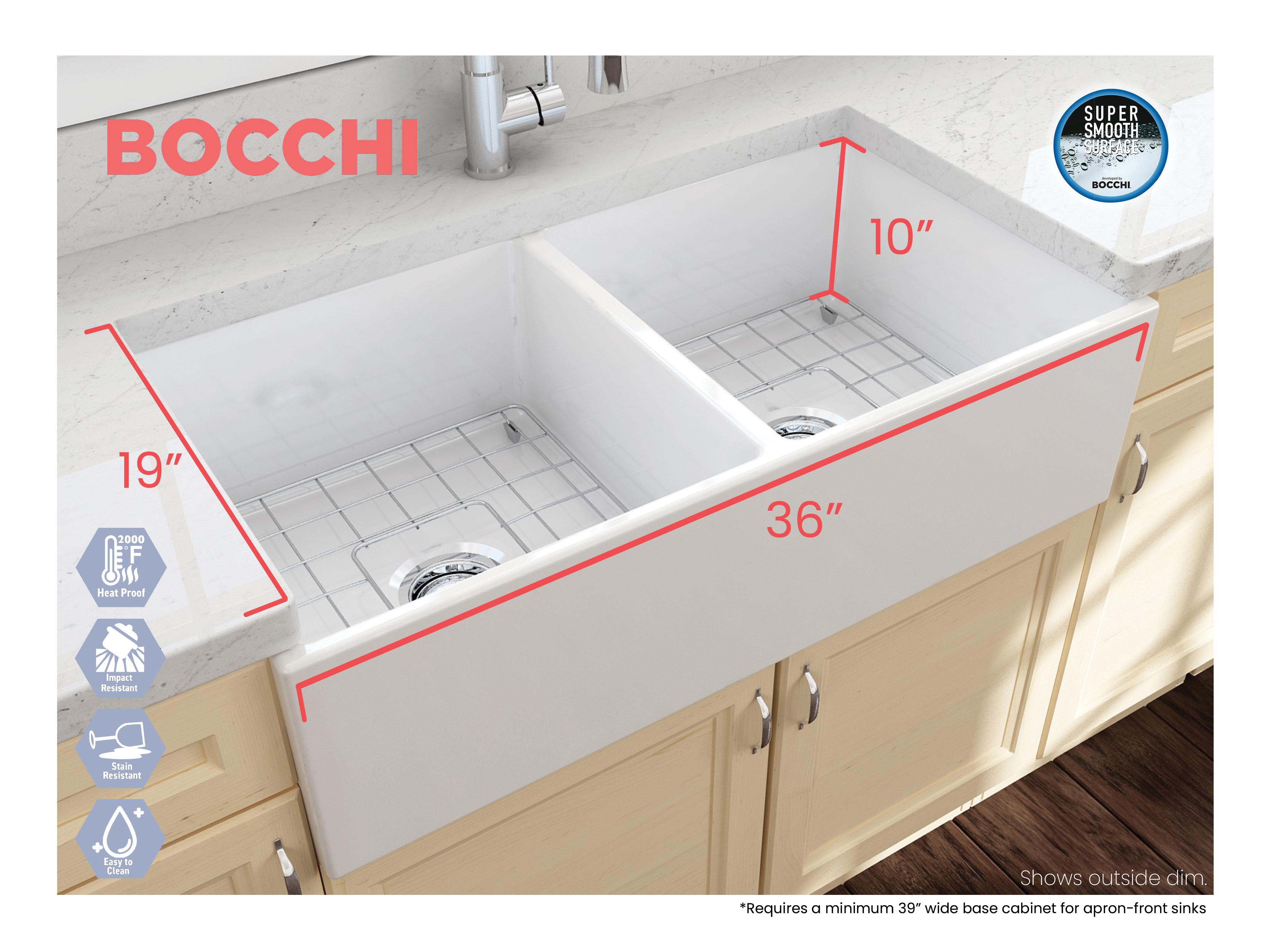 BOCCHI 1350-001-0120 Contempo Contemporary Kitchen Sink, Rectangle Shape, 10 in H x 19 in W x 36 in L, Fireclay, White, Import