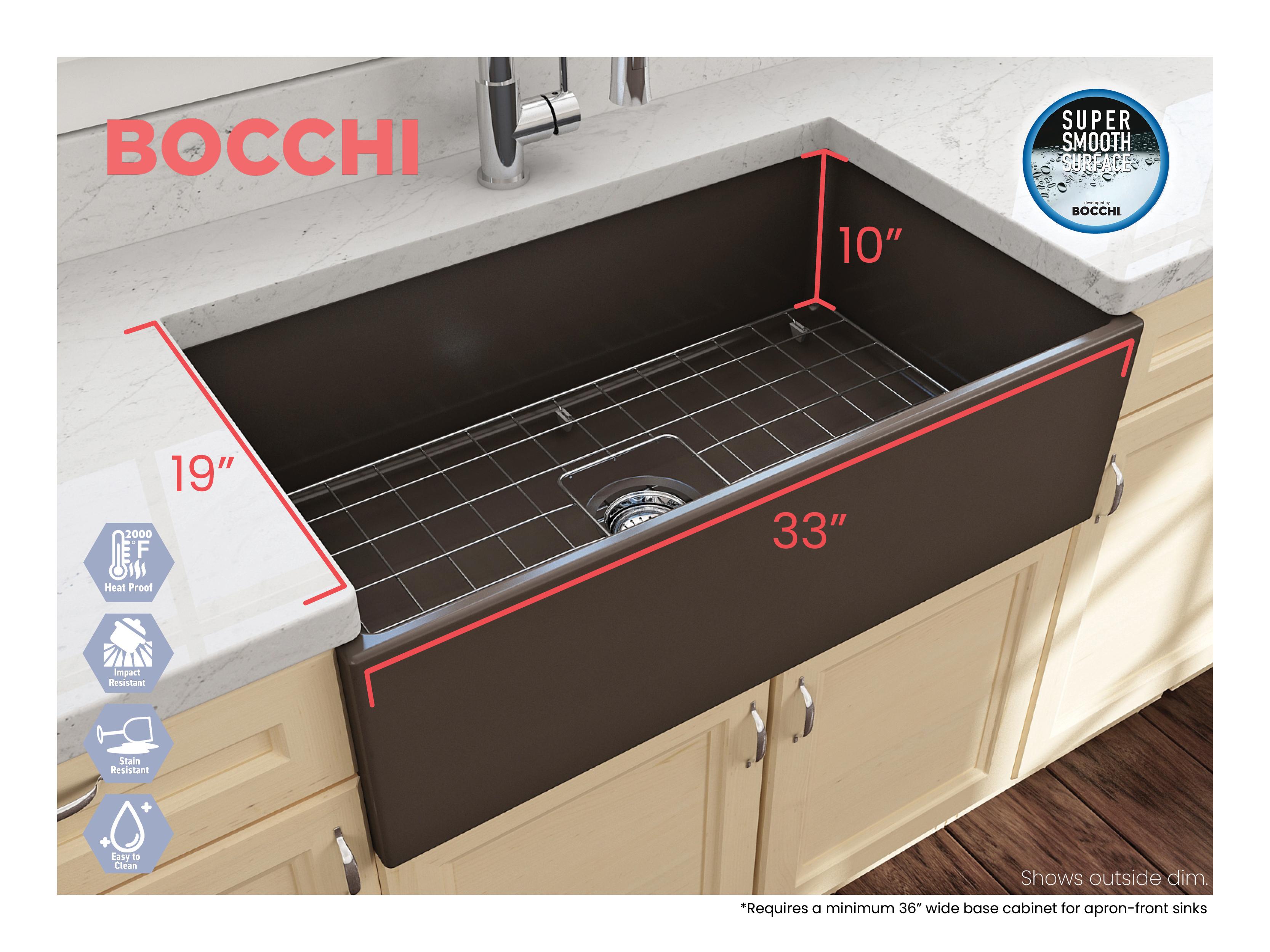 BOCCHI 1352-025-0120 Contempo Contemporary Kitchen Sink, Rectangle Shape, 10 in H x 19 in W x 33 in L, Fireclay, Matte Brown, Import