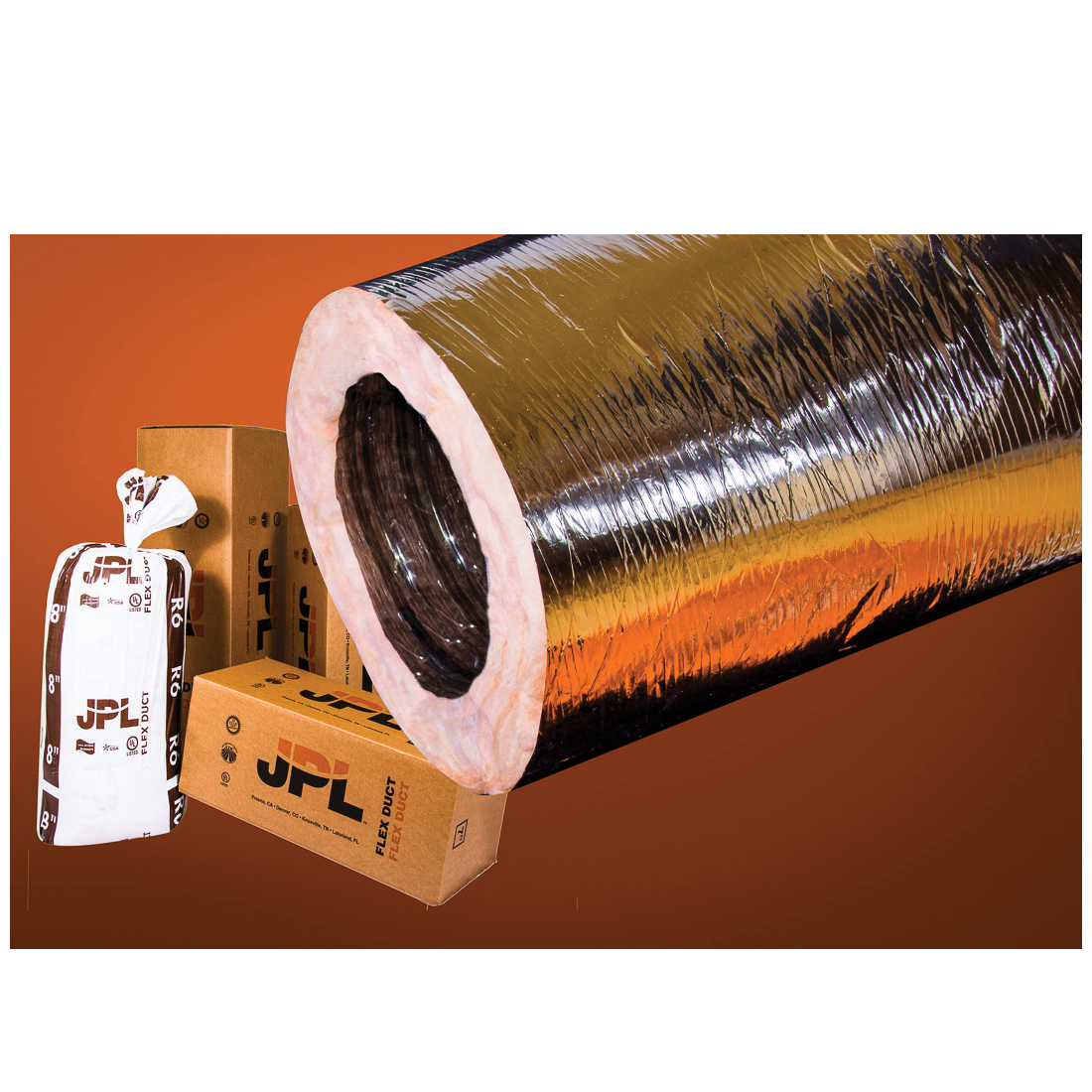 JPL® MHP25R6B-04 Insulated Flexible Air Duct, 4 in ID x 25 ft L, 5000 fpm Flow Rate, R6 Insulation, Fiberglass/Metalized Reinforced Polyester/Pigmented Polyester, Domestic