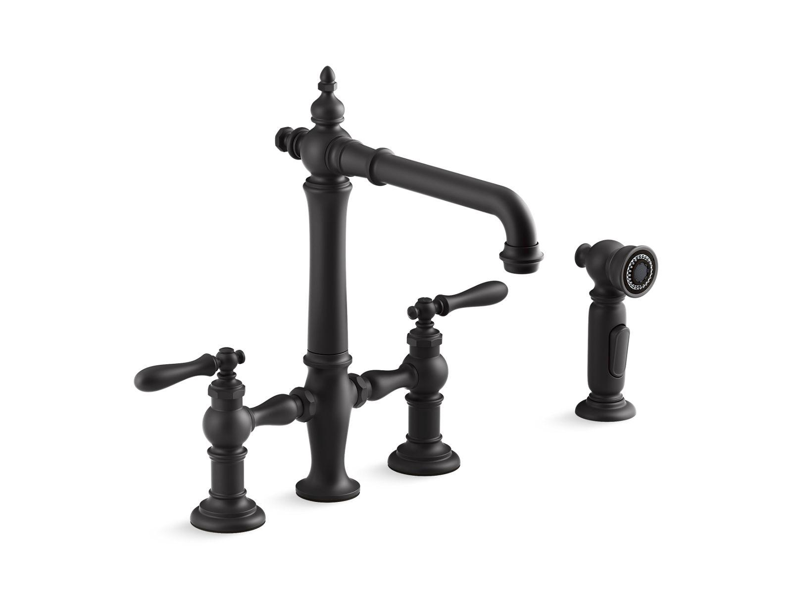Kohler® 76519-4-BL 76519-4 Artifacts® Two-Hole Kitchen Sink, 1.5 gpm Flow Rate, 8 in Center, Swivel Spout, Matte Black, 1 Handles
