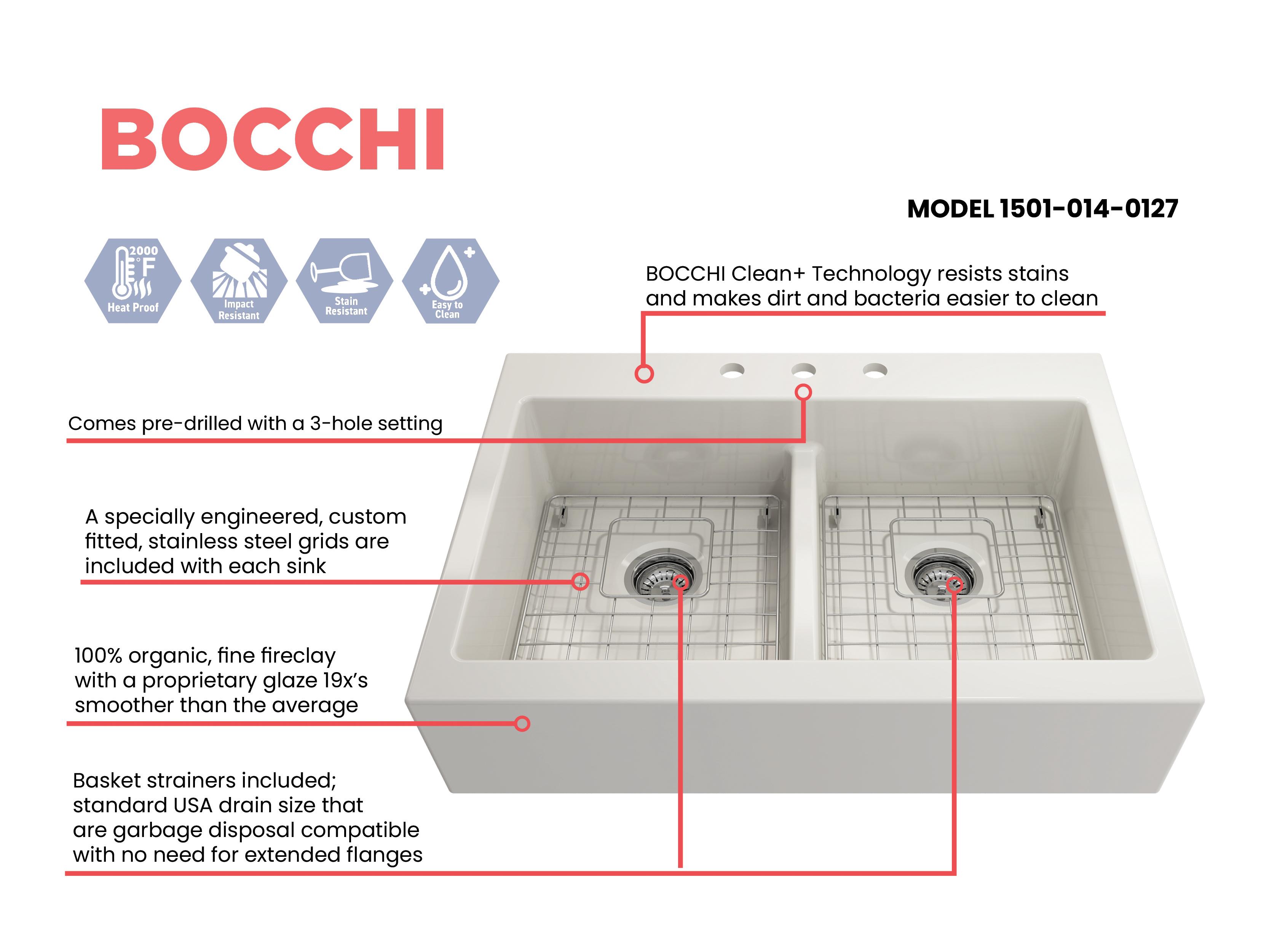 BOCCHI 1501-014-0127 Nuova Traditional Kitchen Sink, Rectangular Shape, 10 in H x 24 in W x 34 in L, Fireclay, Biscuit, Import