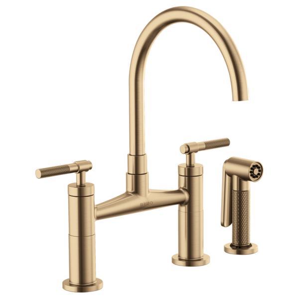 Brizo® 62543LF-GL Litze™ Widespread Bridge Kitchen Faucet With Matching Side Spray, 1.8 gpm Flow Rate, 8 in Center, Arc Spout, Luxe Gold, 2 Handles, Domestic