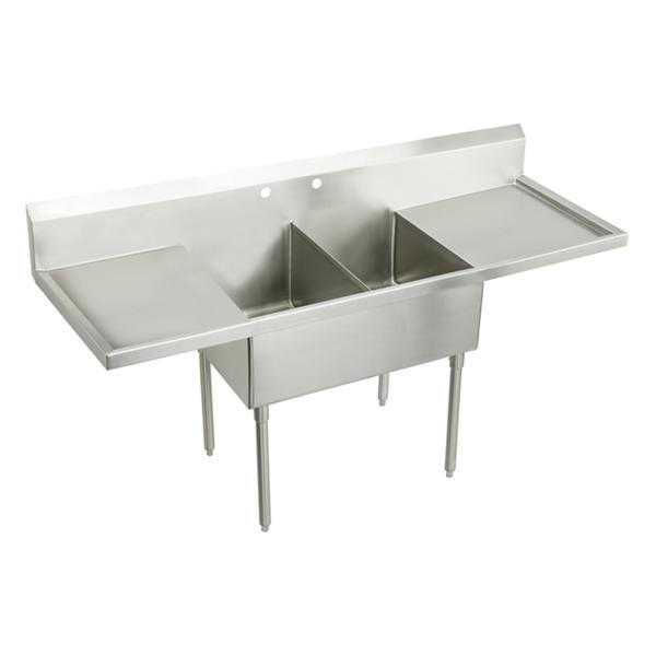 Just Manufacturing NSFB248-24RL-2-J Coved Corner Scullery Sink, 44 in H x 27-1/2 in W x 96 in L, Floor Mounting, 304 Stainless Steel, 2 Bowls, 2, Left/Right Drainboards, 8 in Faucet Hole Spacing, 8 in Backsplash