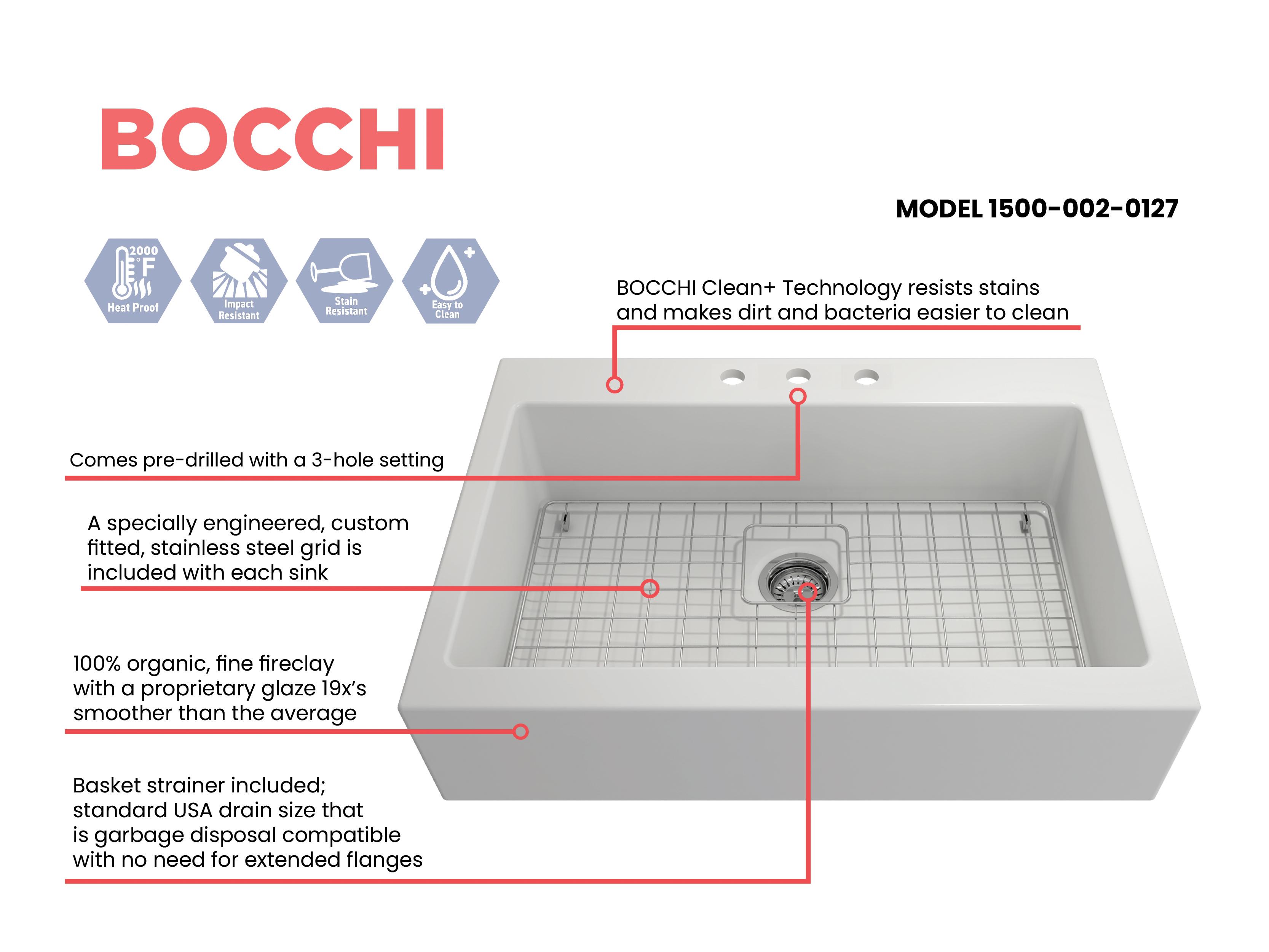 BOCCHI 1500-002-0127 Nuova Traditional Kitchen Sink, Rectangular Shape, 10 in H x 24 in W x 34 in L, Fireclay, Matte White, Import