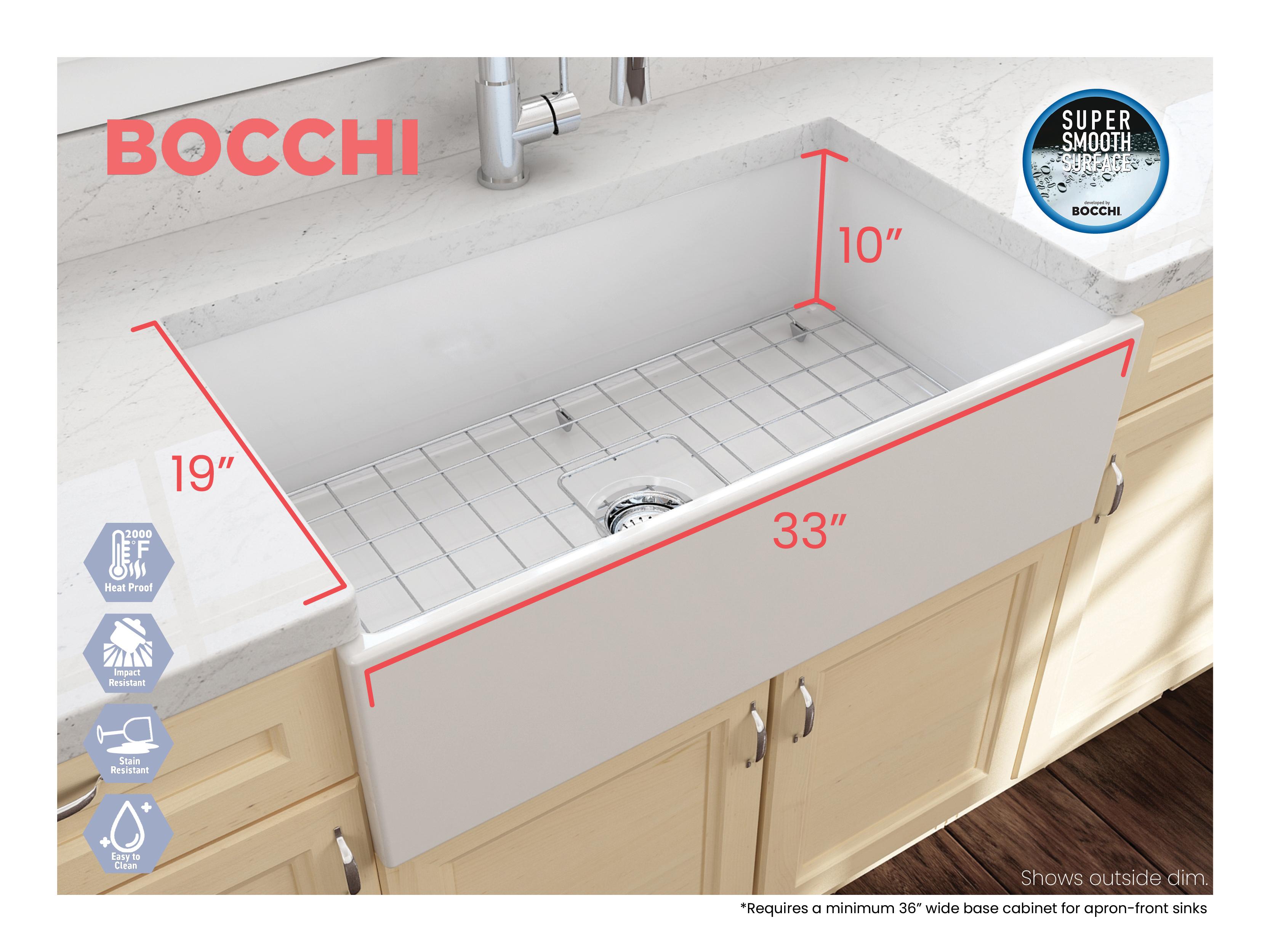 BOCCHI 1352-002-0120 Contempo Contemporary Kitchen Sink, Rectangle Shape, 10 in H x 19 in W x 33 in L, Fireclay, Matte White, Import