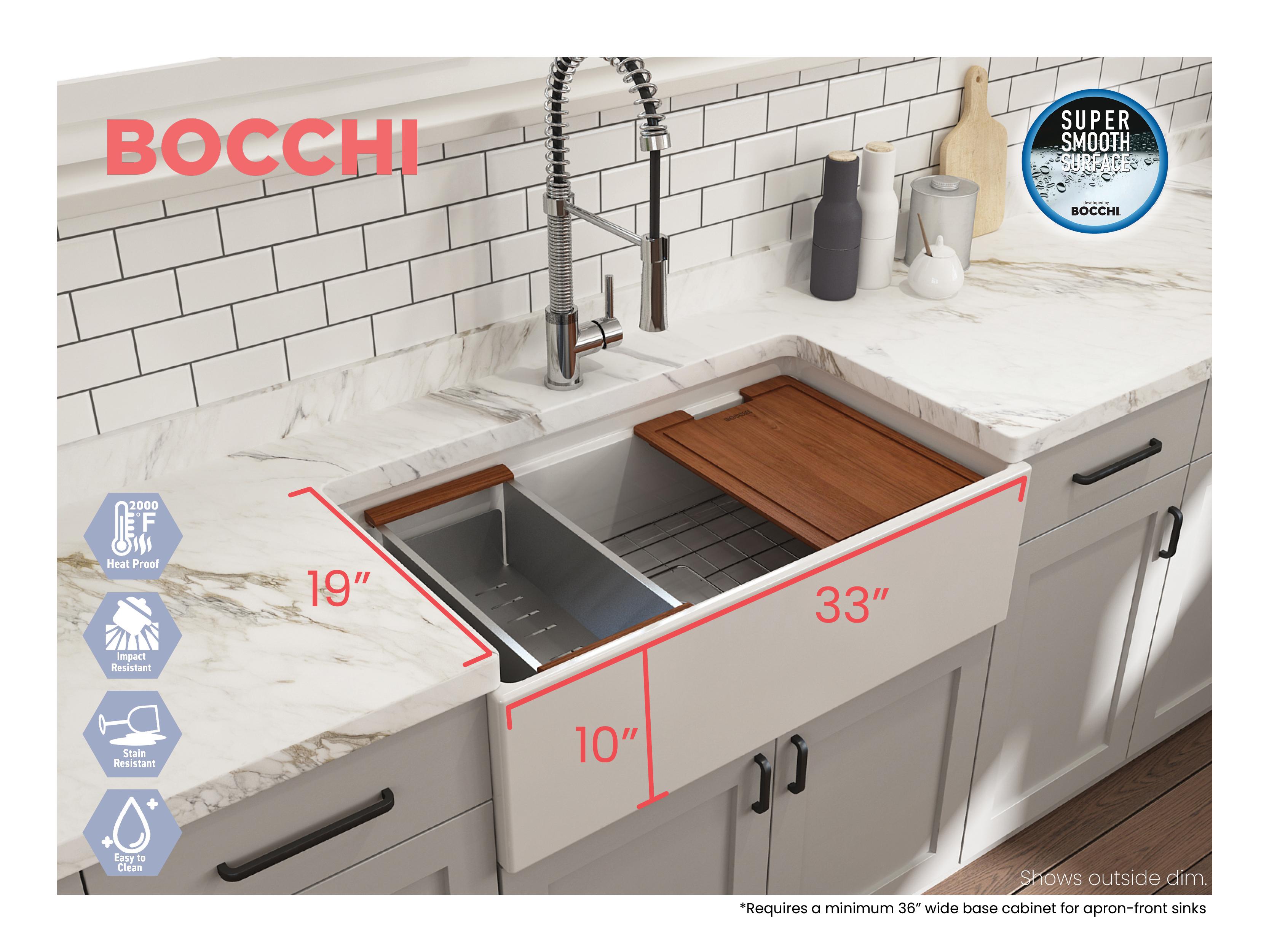 BOCCHI 1504-001-0120 Contempo Step Rim Contemporary Kitchen Sink, Rectangular Shape, 10 in H x 19 in W x 33 in L, Fireclay, White, Import