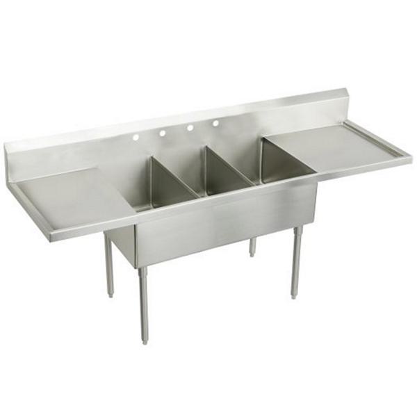 Just Manufacturing NSFB345-24RL-2-J Coved Corner Scullery Sink, 44 in H x 27-1/2 in W x 93 in L, Floor Mounting, 304 Stainless Steel, 3 Bowls, 2, Left/Right Drainboards, 8 in Faucet Hole Spacing, 8 in Backsplash