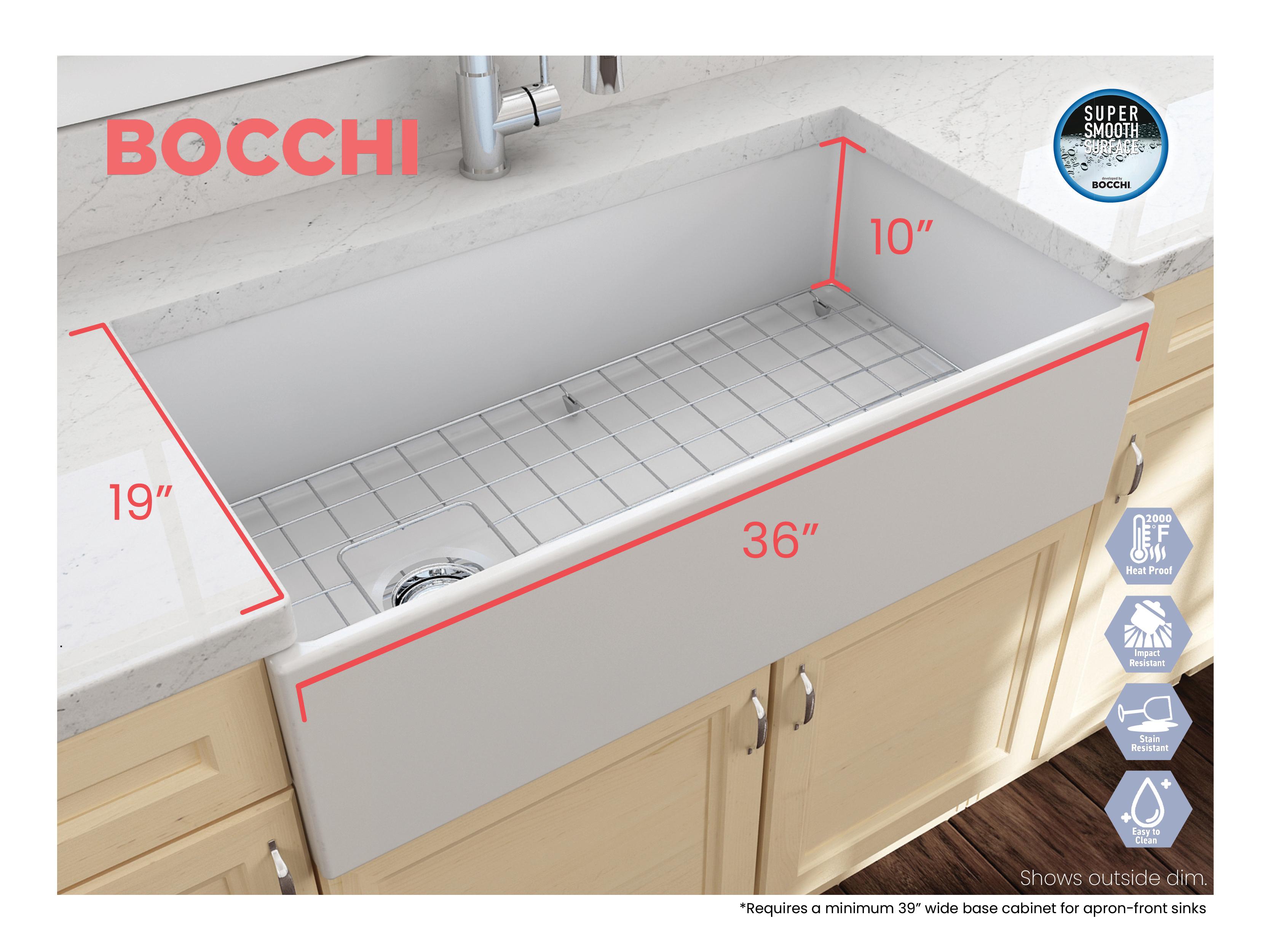 BOCCHI 1354-002-0120 Contempo Contemporary Kitchen Sink, Rectangle Shape, 10 in H x 19 in W x 36 in L, Fireclay, Matte White, Import