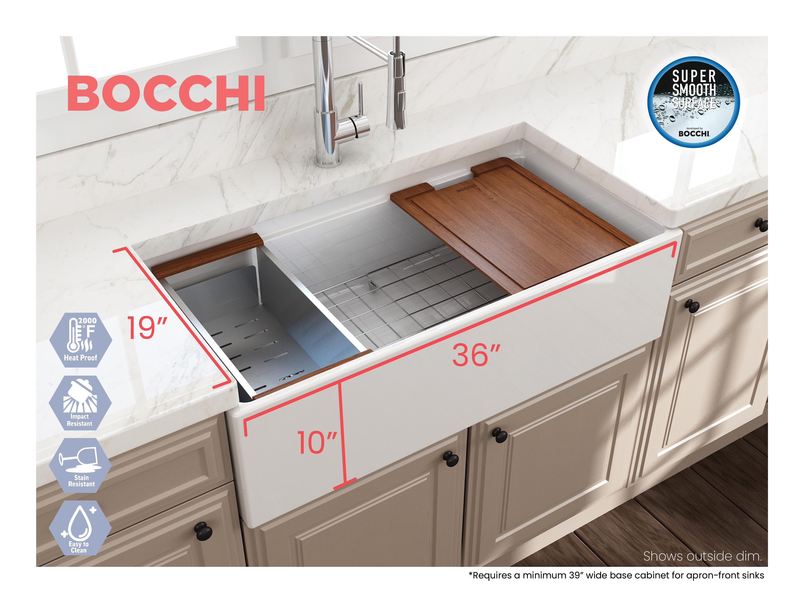 BOCCHI 1505-001-0120 Contempo Step Rim Contemporary Kitchen Sink, Rectangular Shape, 10 in H x 19 in W x 36 in L, Fireclay, White, Import