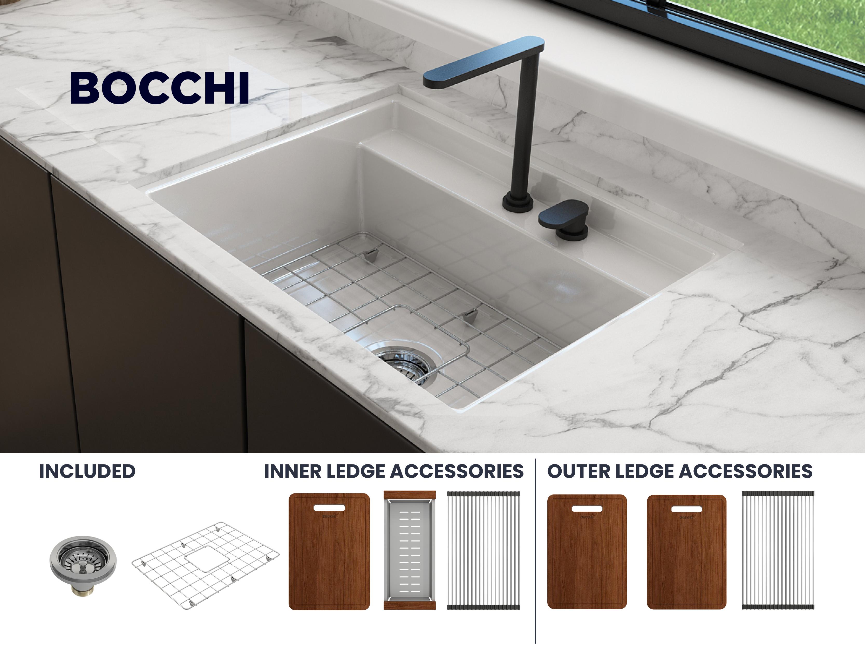 BOCCHI 1633-001-0132 Baveno Kitchen Sink, 2 Faucet Holes, 10 in H x 19 in W x 27 in L, Fireclay, White, Import