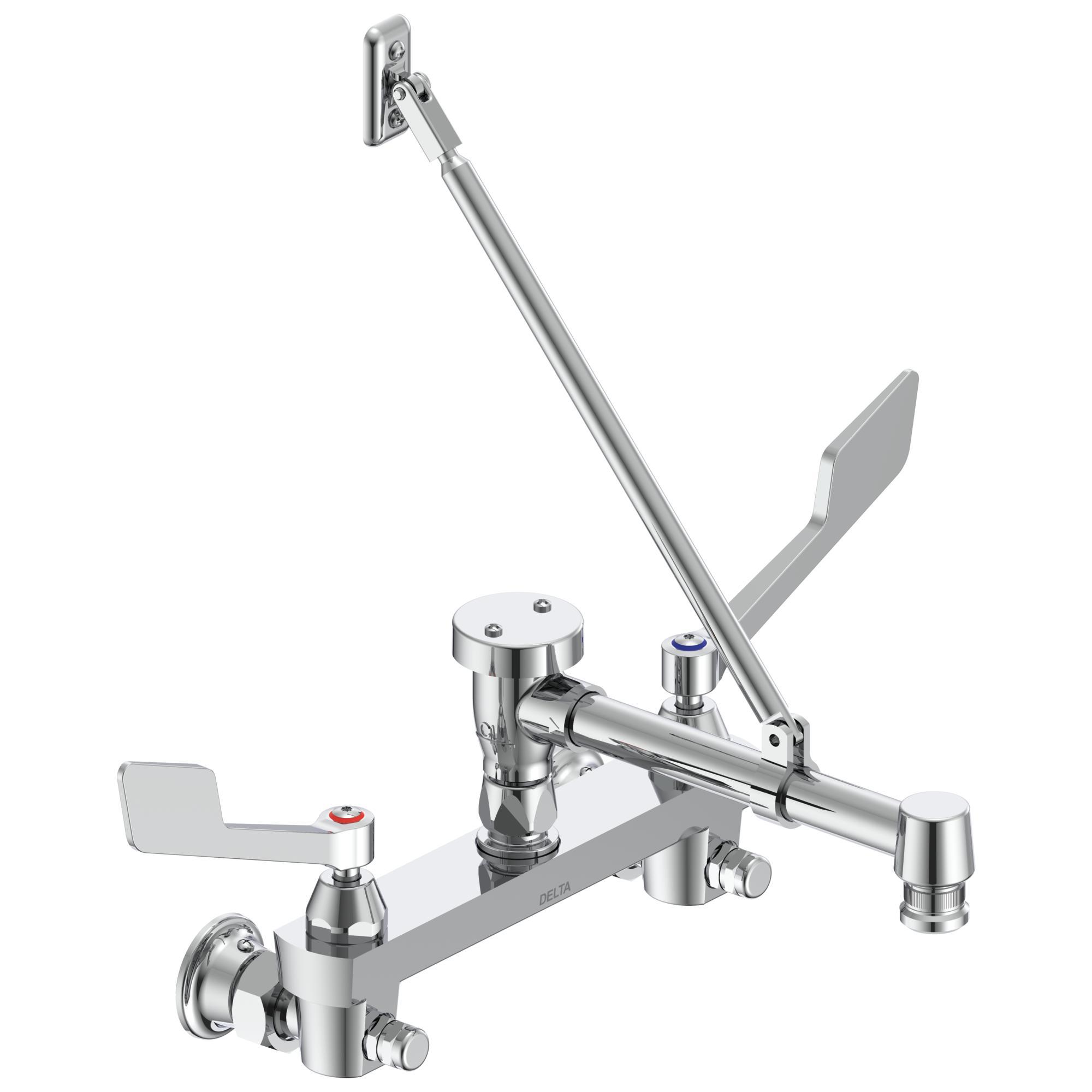 DELTA® 28C2385 Service Sink Faucet With Integral Check Stop, Wall Mount, 2 Handles, 8 in Center, 5 gpm Flow Rate, Polished Chrome