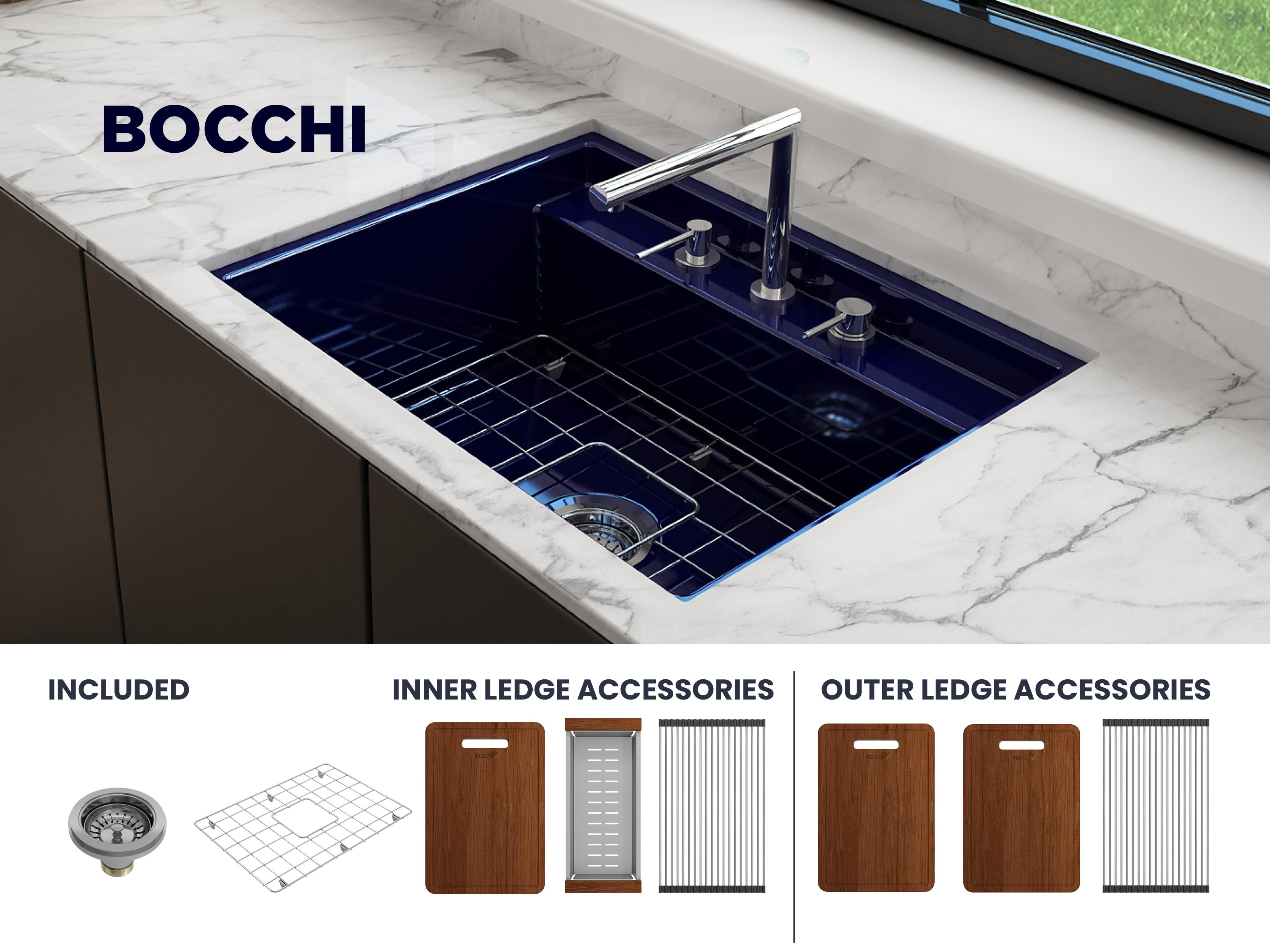 BOCCHI 1633-010-0127 Baveno Kitchen Sink, 3 Faucet Holes, 10 in H x 19 in W x 27 in L, Fireclay, Sapphire Blue, Import