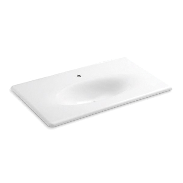 Kohler® 3051-1-0 Iron/Impressions® 1-Piece Bathroom Sink, Elongated Oval Shape, 37-5/8 in W x 22-1/4 in D x 6-1/2 in H, Vanity Top Mount, Enameled Cast Iron, White
