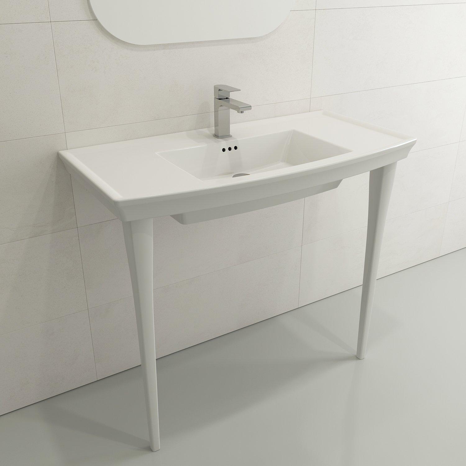 BOCCHI 1168-001-0127 Lavita Traditional Bathroom Sink, Rectangle Shape, 8 in Faucet Hole Spacing, 33.46 in H x 19.69 in W x 39.57 in L, Wall Mount, Fireclay, White, Import