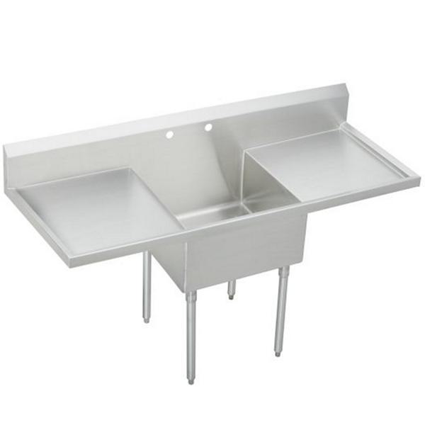 Just Manufacturing NSFB124-24RL-2-J Coved Corner Scullery Sink, 44 in H x 27-1/2 in W x 72 in L, Floor Mounting, 304 Stainless Steel, 1 Bowls, 2, Left/Right Drainboards, 8 in Faucet Hole Spacing, 8 in Backsplash