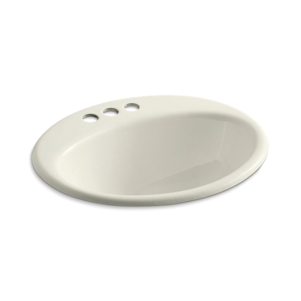 Kohler® 2905-4-96 Farmington® Self-Rimming Bathroom Sink With Overflow Drain, Oval Shape, 4 in Faucet Hole Spacing, 19-1/4 in W x 16-1/4 in D x 8-3/4 in H, Drop-In Mount, Enameled Cast Iron, Biscuit