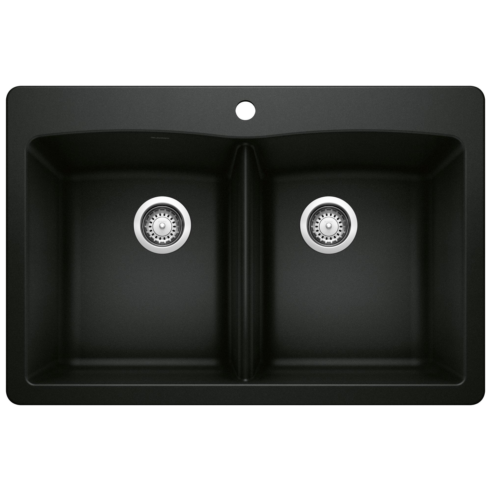 Blanco 442912 DIAMOND™ Dual-Mount Equal Double Bowl Kitchen Sink, Rectangular Shape, 1 Faucet Holes, 33 in L x 22 in W x 9.866 in H, SILGRANIT®, Coal Black, Import