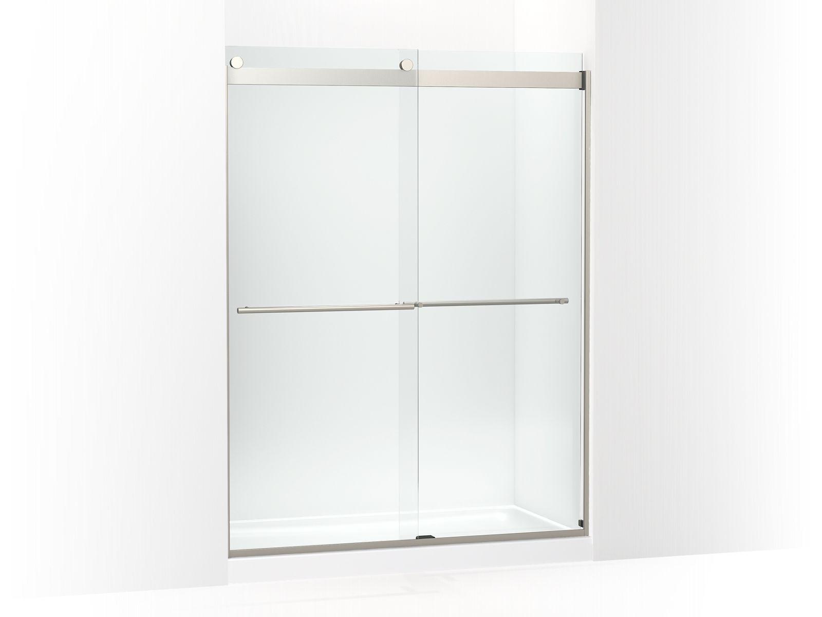 Kohler® 702424-L-BNK 702424-L Levity® Plus Sliding Door, Frameless Frame, Crystal Clear Tempered Glass, Anodized Brushed Nickel, 5/16 in THK Glass, 71-9/16 in H Opening, 56-5/8 to 59-5/8 in W Opening