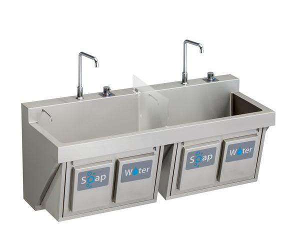 Just Manufacturing JKS7702-NP-J Spouts/TMV/Drain Surgeon Scrub Sink Kit, Rectangular Shape, 26 in H x 23 in W x 60 in L, Wall Mounting, 304 Stainless Steel, Buffed Satin, Domestic