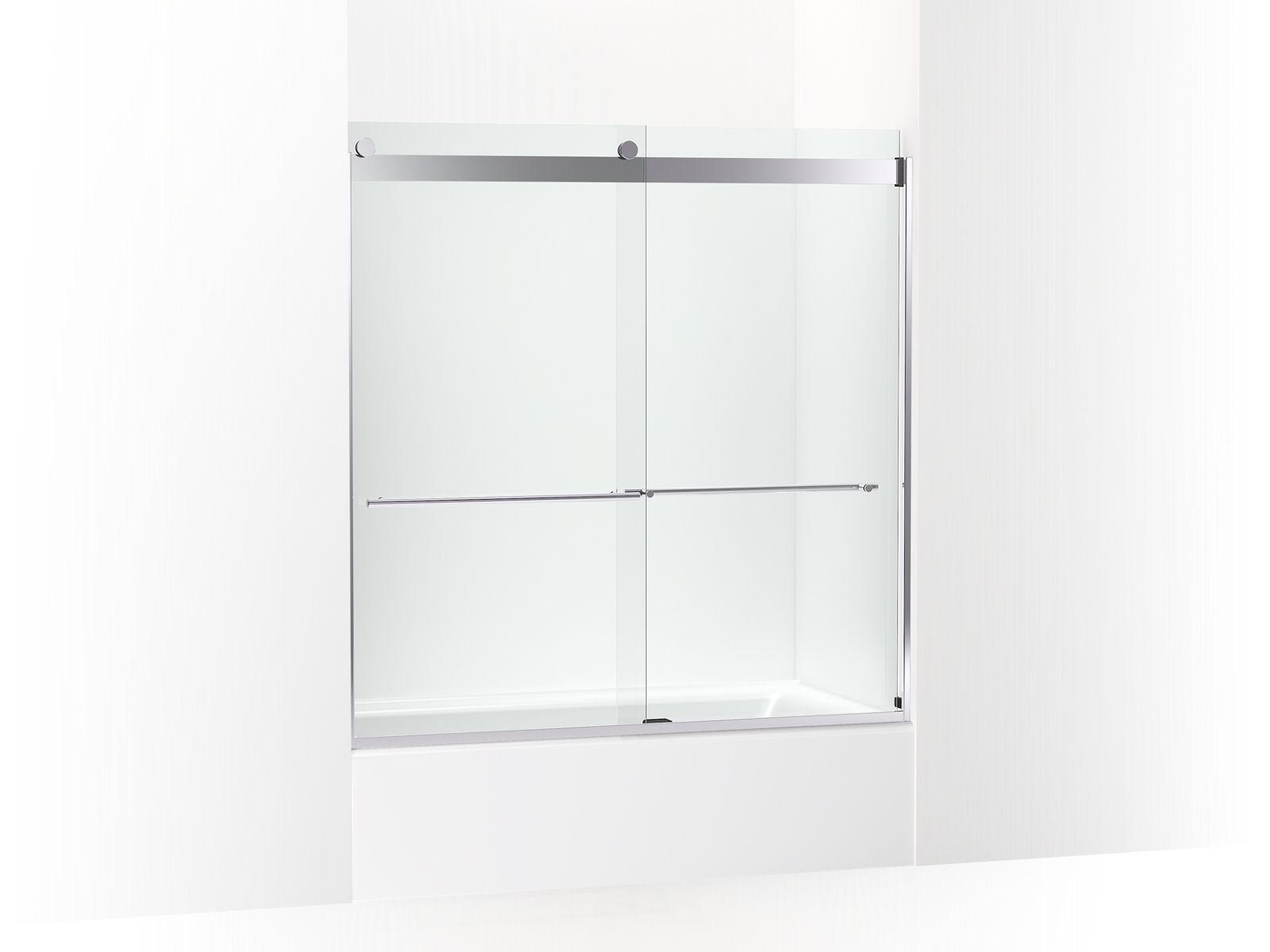 Kohler® 702420-L-SHP 702420-L Levity® Plus Sliding Door, Frameless Frame, Crystal Clear Tempered Glass, Bright Polished Silver, 5/16 in THK Glass, 55-9/16 in H Opening, 56-5/8 to 59-5/8 in W Opening
