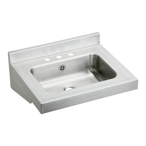 Just Manufacturing A33338-34-J Overflow Lavatory Sink, Rectangular Shape, 8 in Faucet Hole Spacing, 10 in H x 19 in W x 22 in L, 304 Stainless Steel, Buffed Satin, Domestic