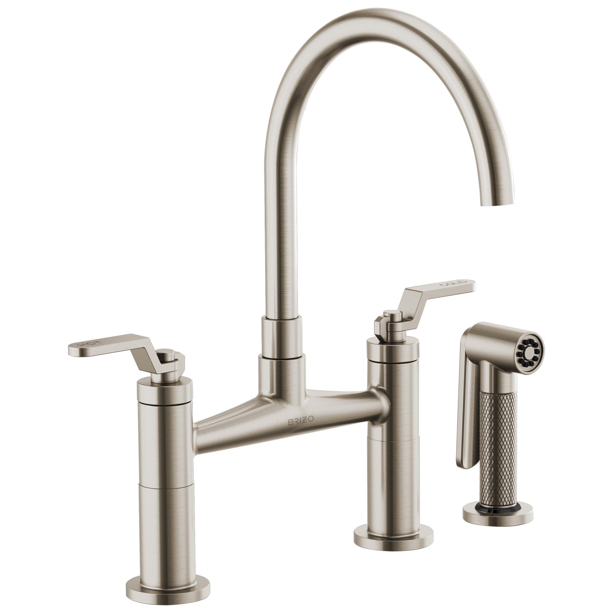 Brizo® 62544LF-SS Litze™ Widespread Bridge Kitchen Faucet With Matching Side Spray, 1.8 gpm Flow Rate, 8 in Center, Arc Spout, Stainless Steel, 2 Handles, Domestic